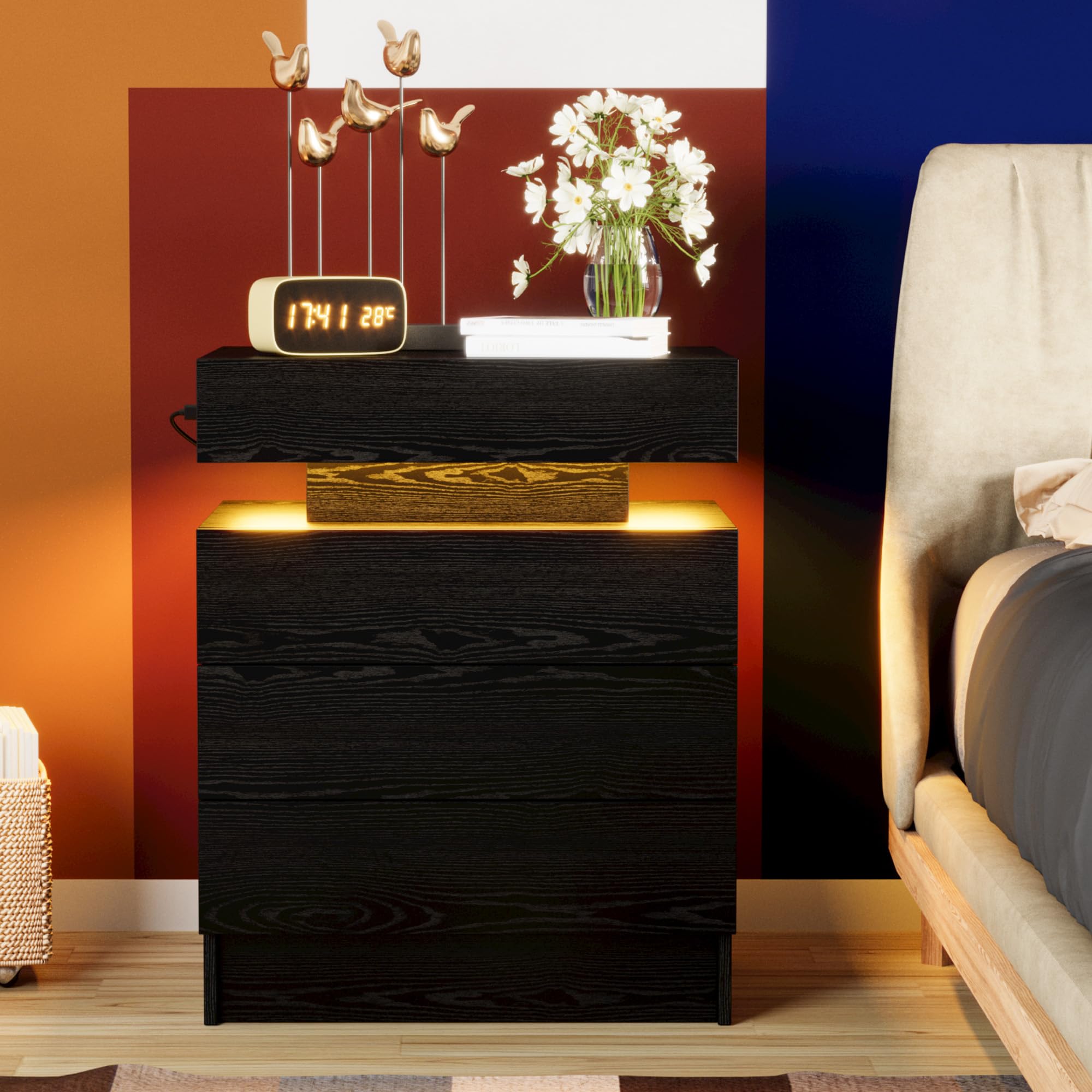 Night Stand with Charging Station, Modern Black Nightstand with LED Light