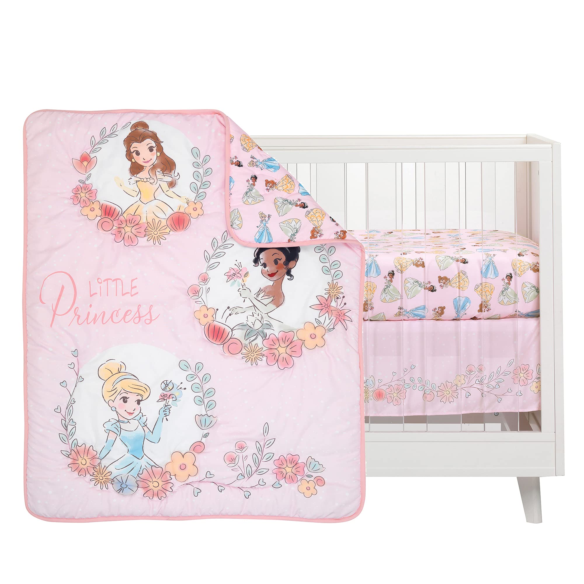 (LAMCR) Disney Princesses Nursery Baby Crib Bedding Set, Pink, 3 Count