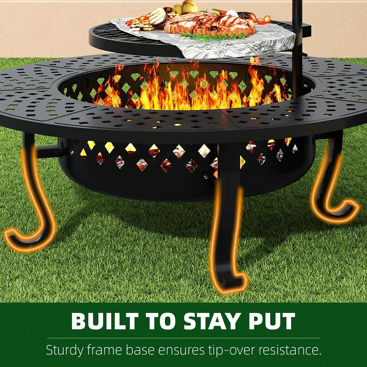 Outdoor Wood Burning Fire Pit with Lid & Grill Grates
