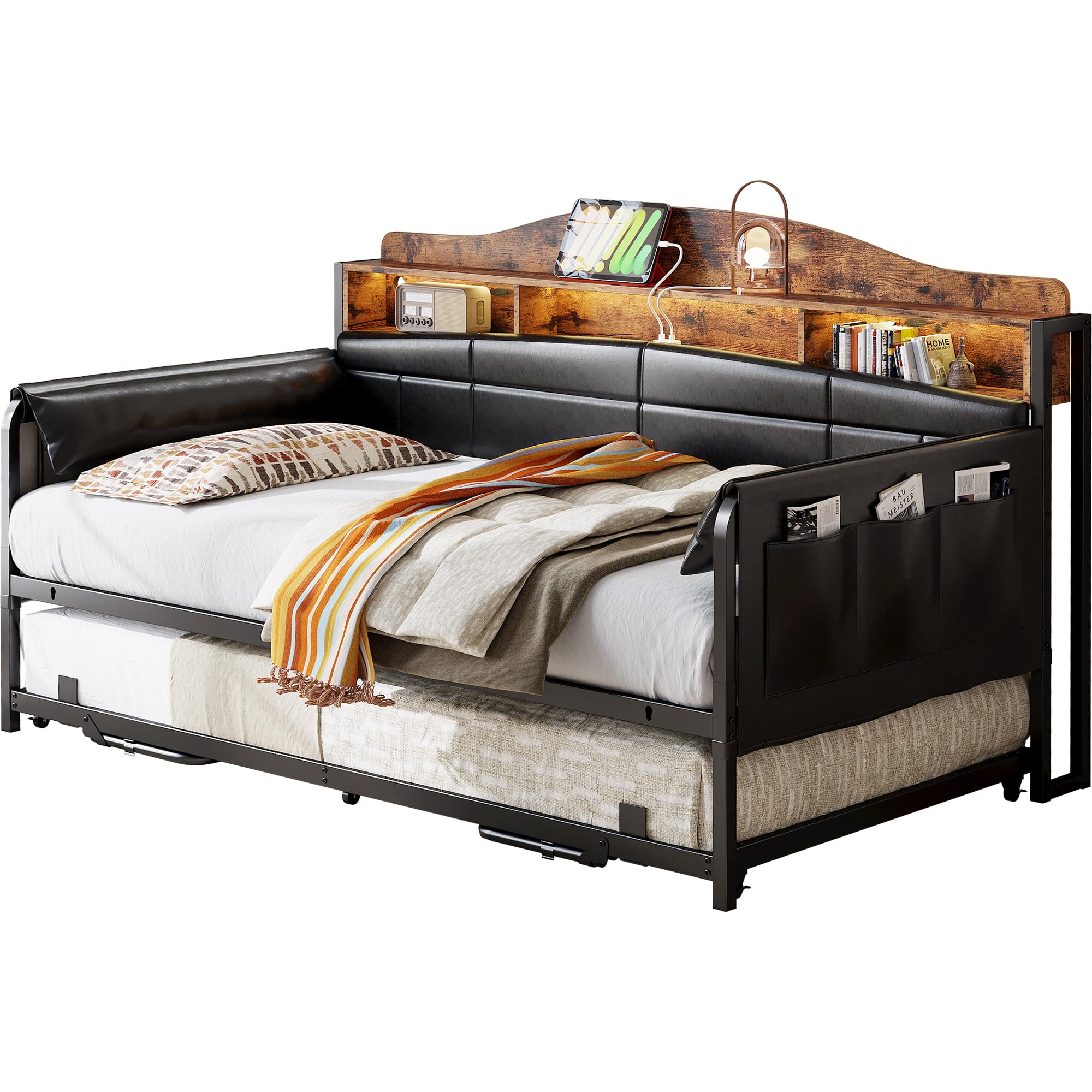 Daybed with Trundle, Twin Day Bed with Bookcase Headboard, Bedside Caddy