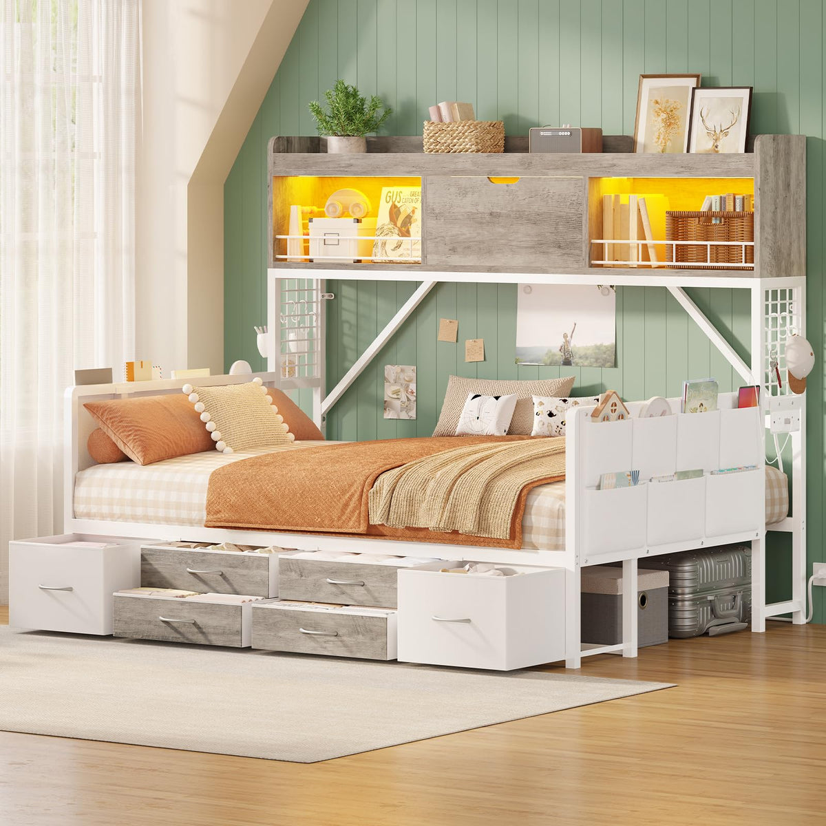Full Size Daybed with Bookcase, 6 Drawers, LED Lights & Charging Station