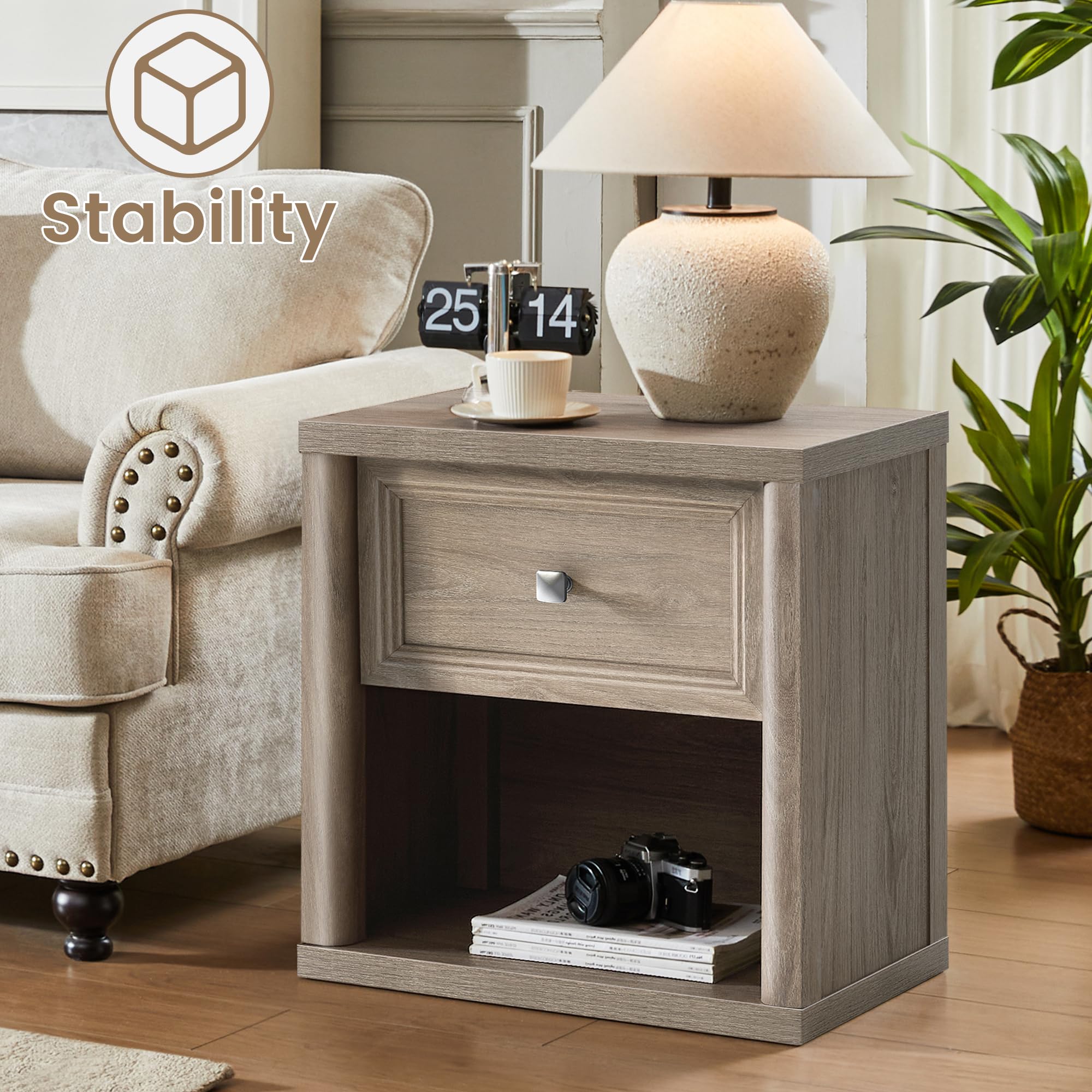 Farmhouse Night Stand Set of 2, Grey Nightstands with Drawer Storage
