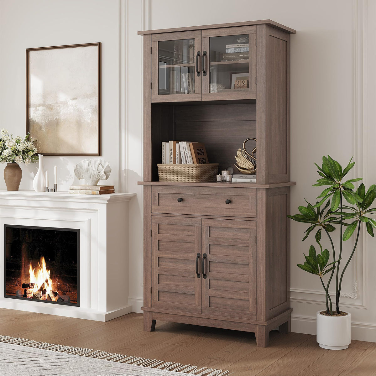72" Farmhouse Kitchen Pantry Cabinet with Hutch
