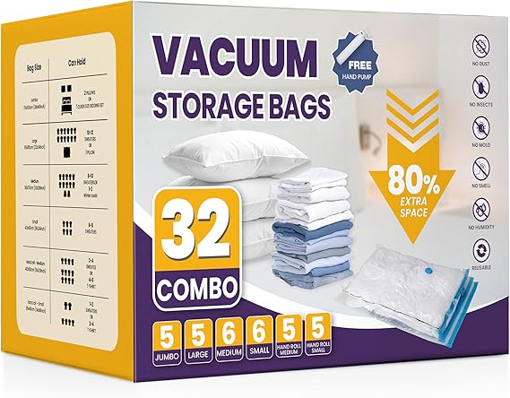 Vacuum Compression Zipper Storage Bags with Hand Pump, Multiple Pack of 32 (5 Jumbo