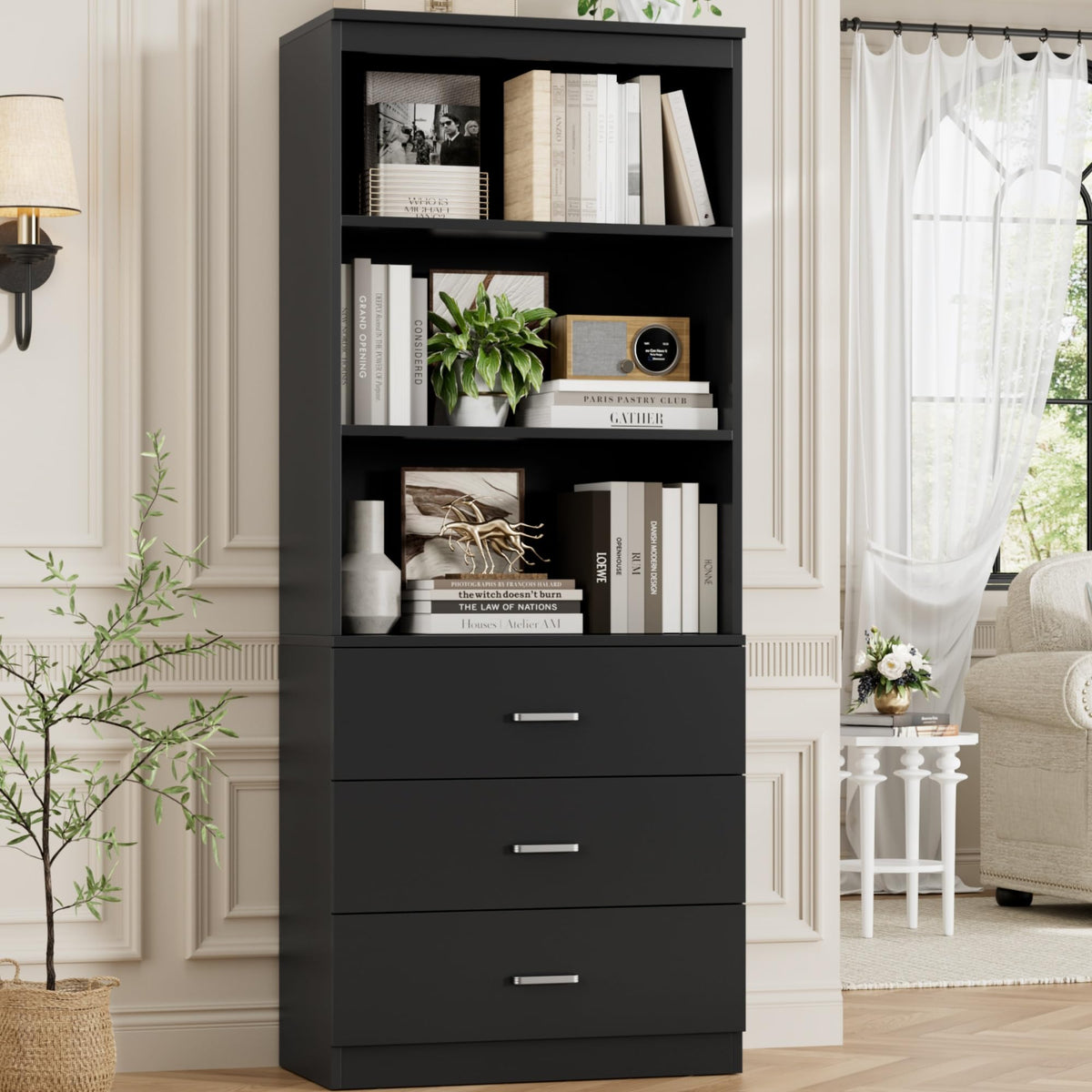 71" Tall Bookshelf with 3 Drawers & Open Shelves, Rustic Retro Storage Cabinet