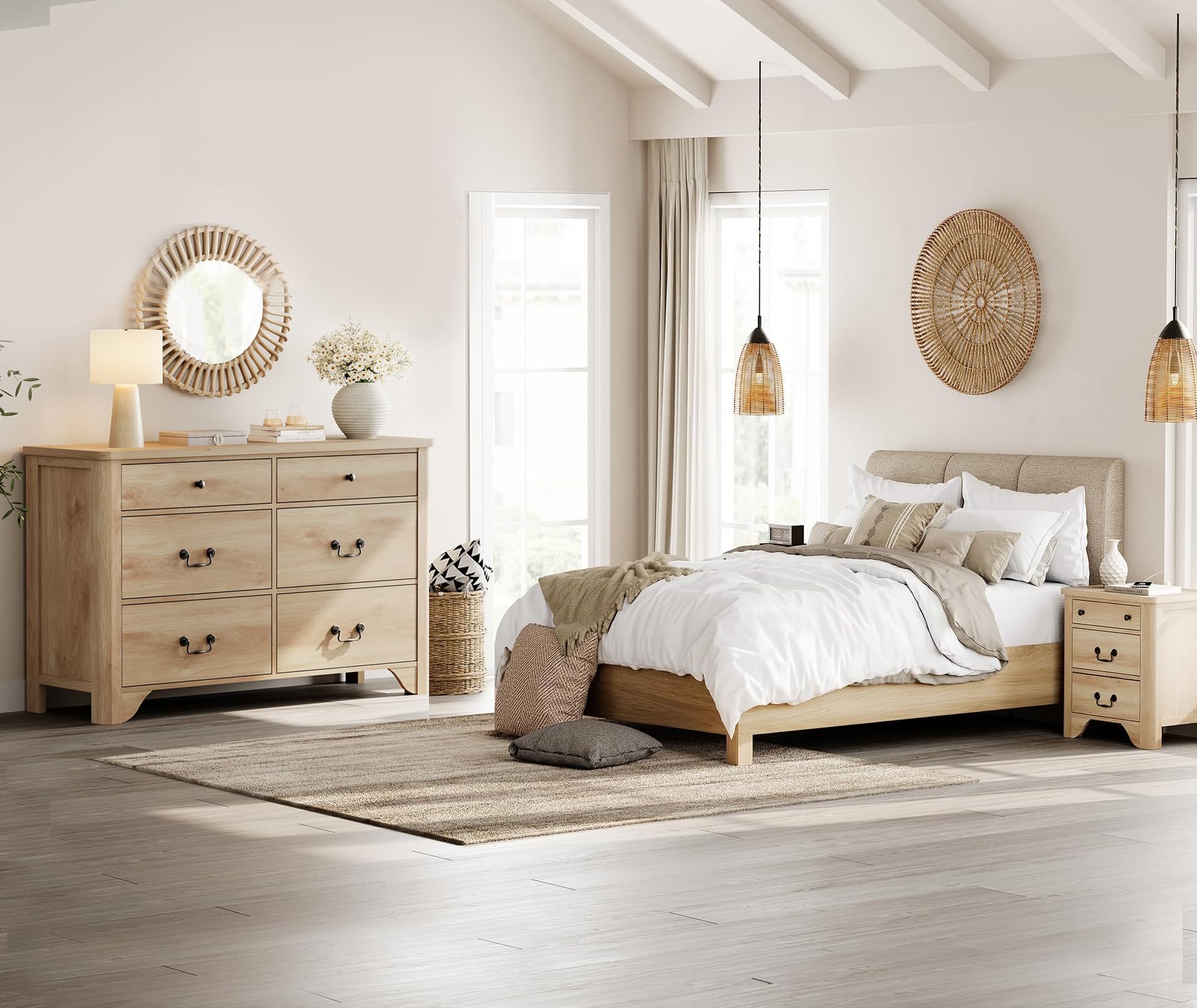 Oak Dresser for Bedroom with 6 Drawers, 47.2" Wide Farmhouse Dressers Chests