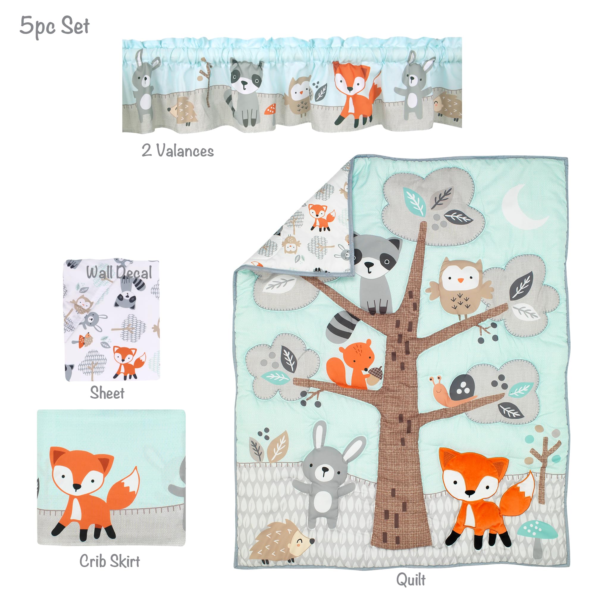 Woodland Friends Animals Mint/Gray 5-Piece Crib Bedding Set