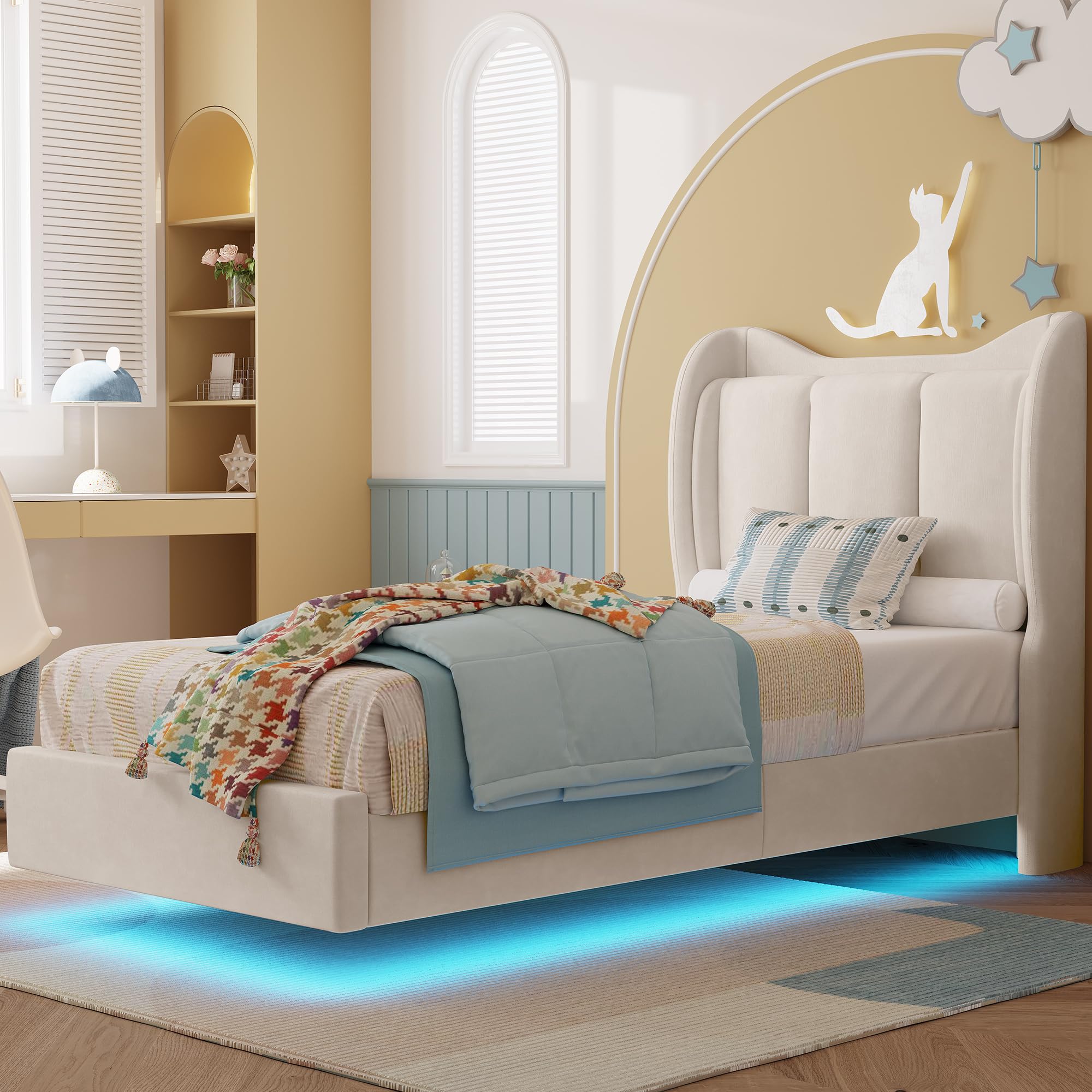 Bed Frame with LED Lights, Upholstered Floating Twin Platform