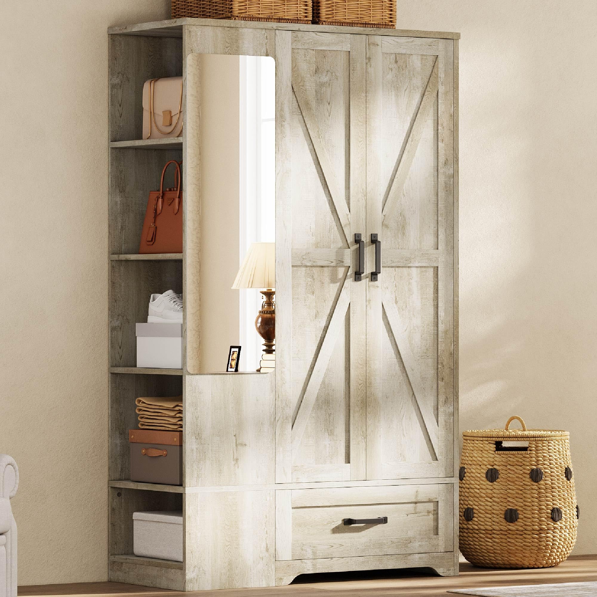 Armoire Wardrobe Closet 70 Inches, Large Storage with Mirror