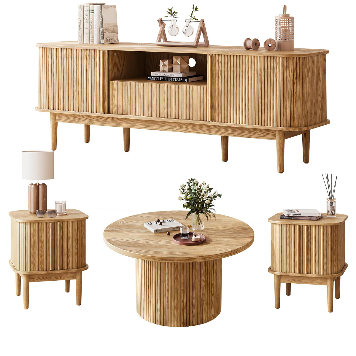 Fluted Living Room Table Set with TV Stand & Storage