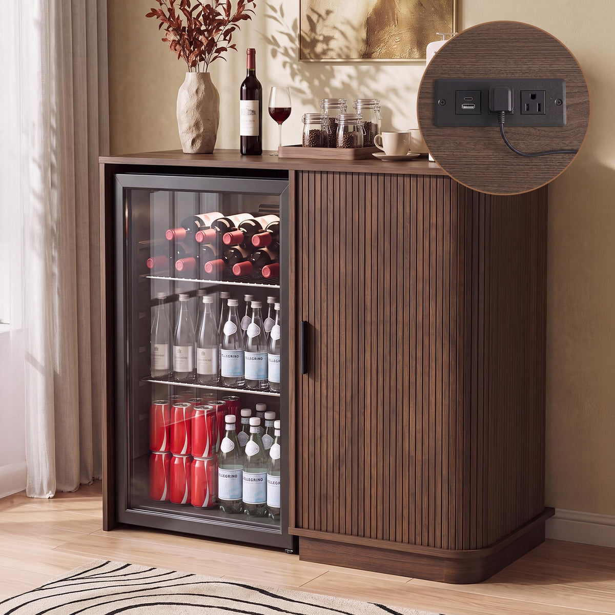 Mini Fridge Bar Cabinet with Glass Rack & Wine Storage