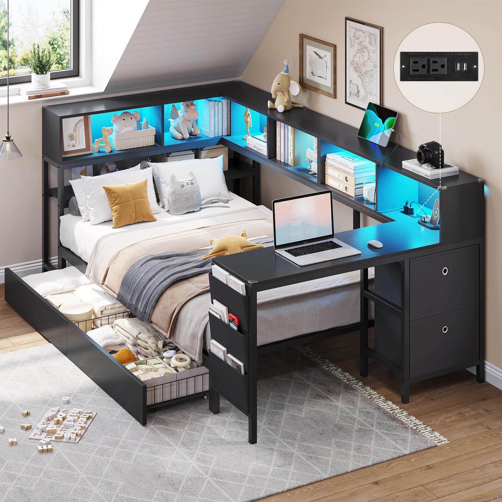 Corner Twin Bed Frame with Desk,Charging Station and Bookcase Storage