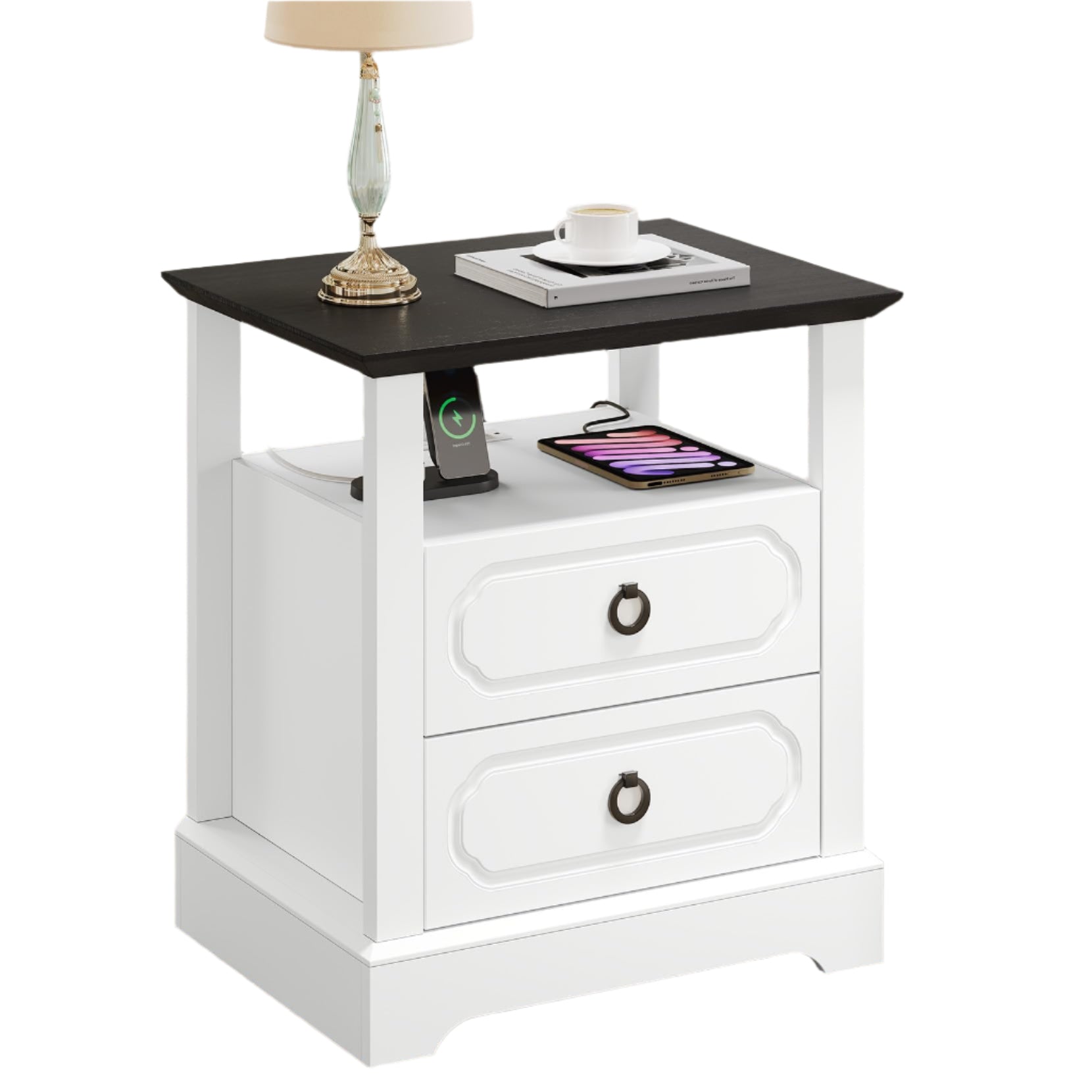 21.3" Farmhouse Nightstand with Charging Station, Modern End Table