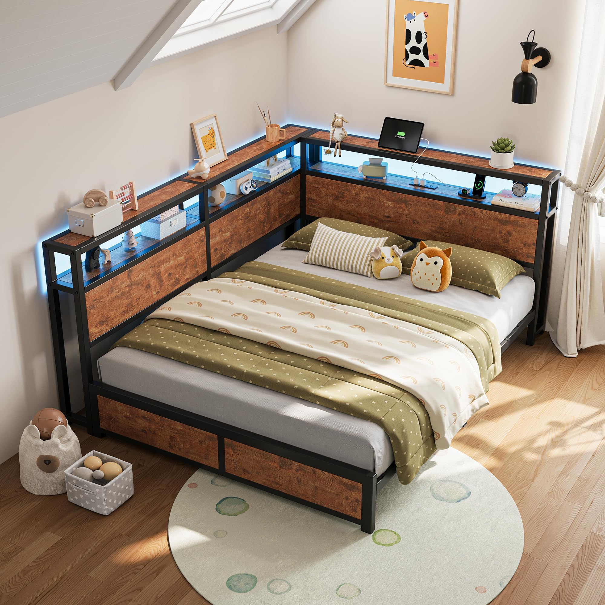 Corner Bed Frame with Headboard and Storage Bookcase Queen Size Bed Frame