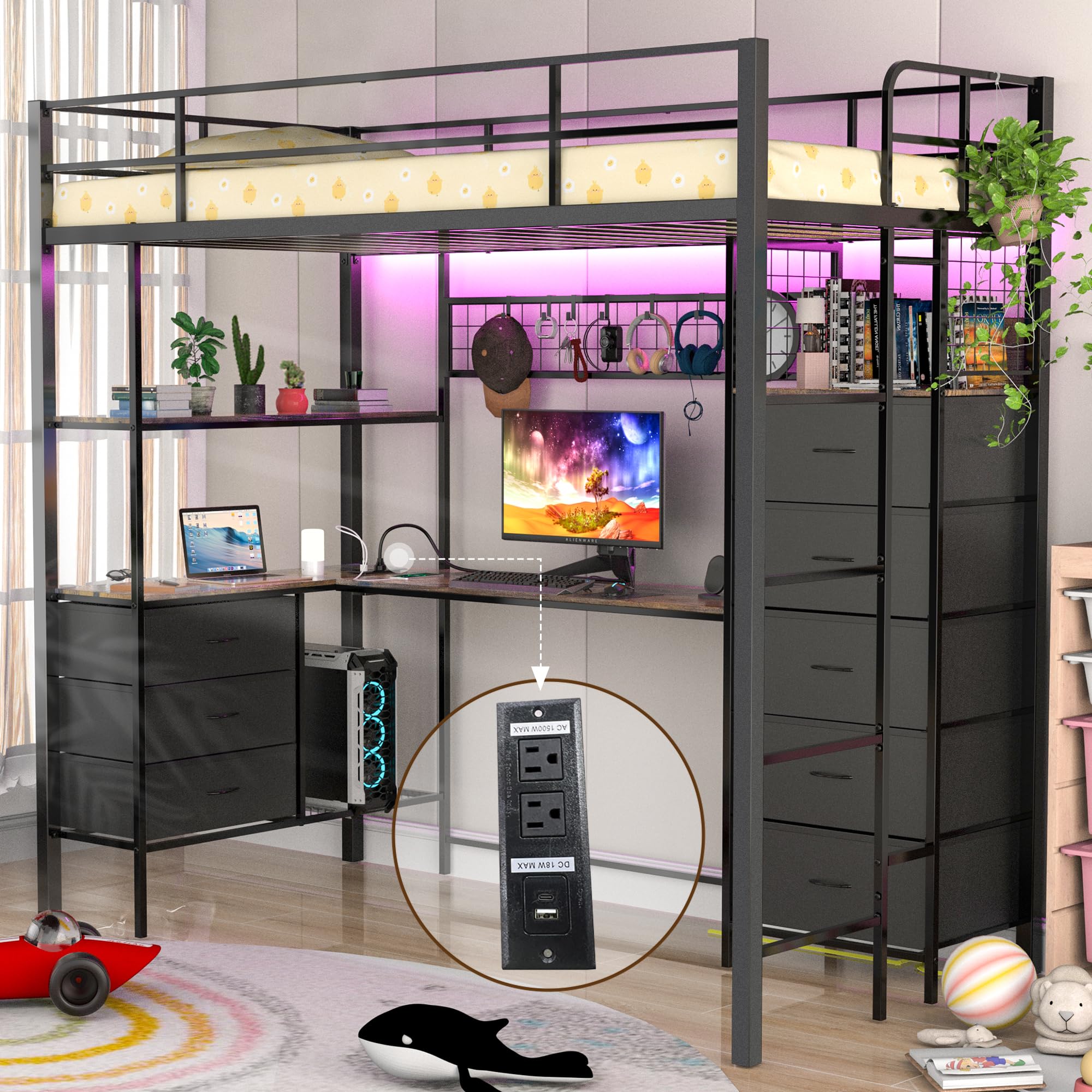 Twin Size Loft Bed with Desk, LED Lights, Charging Station