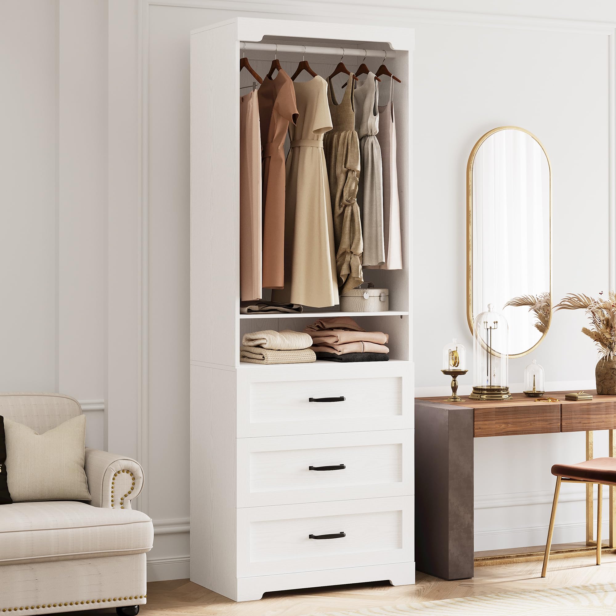 Freestanding Closet System with 3 Wood Drawers, Modern Armoire Wardrobe