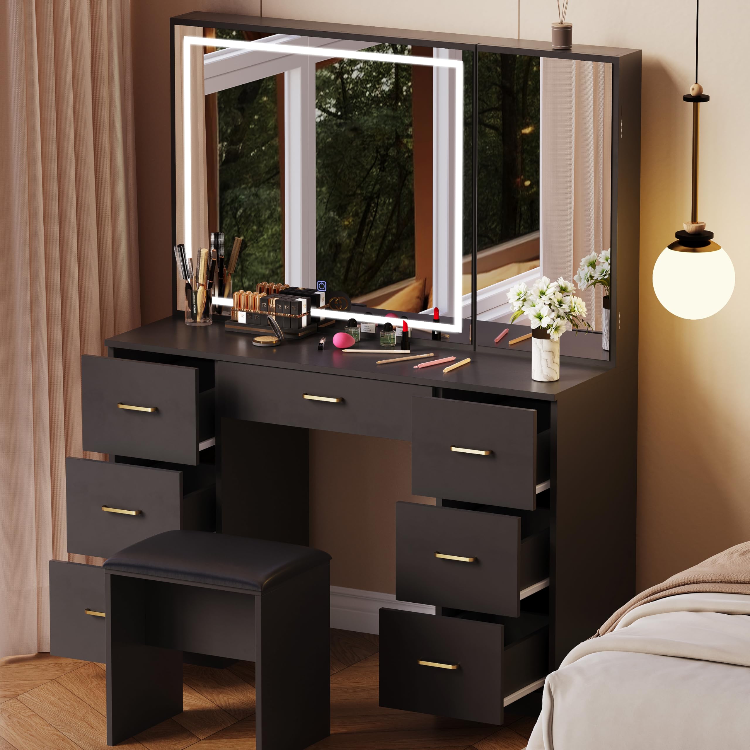 Desk with Large Mirror and Lights, Black Makeup Vanity with 7 Drawers