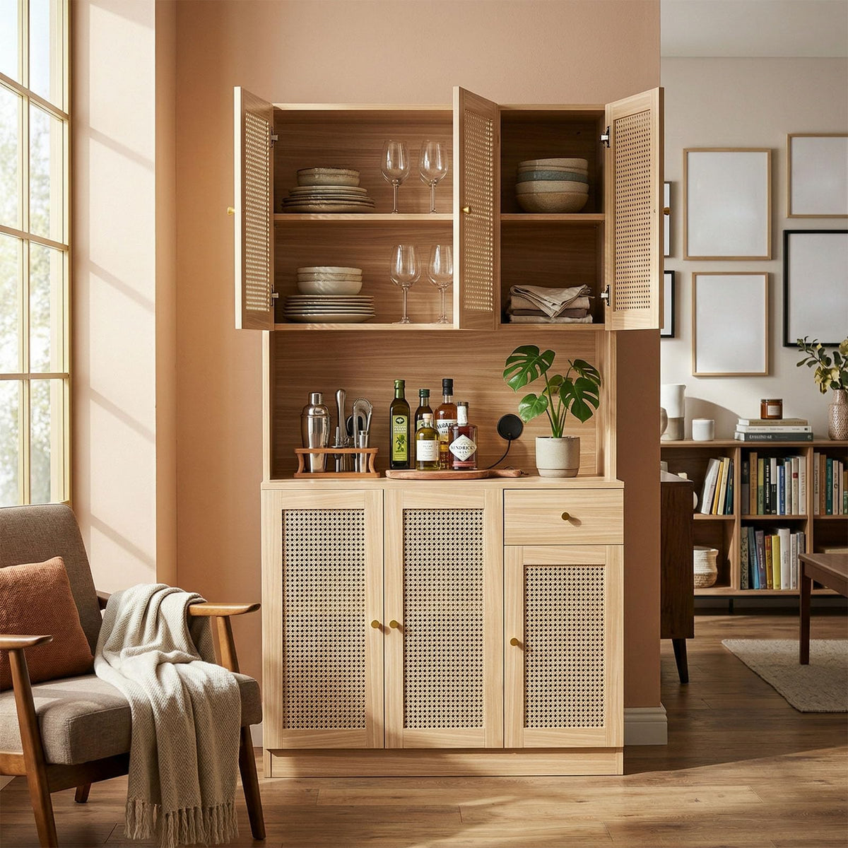 71" Tall Kitchen Pantry Cabinet with Countertop, 8 Compartments & Soft-Close Doors