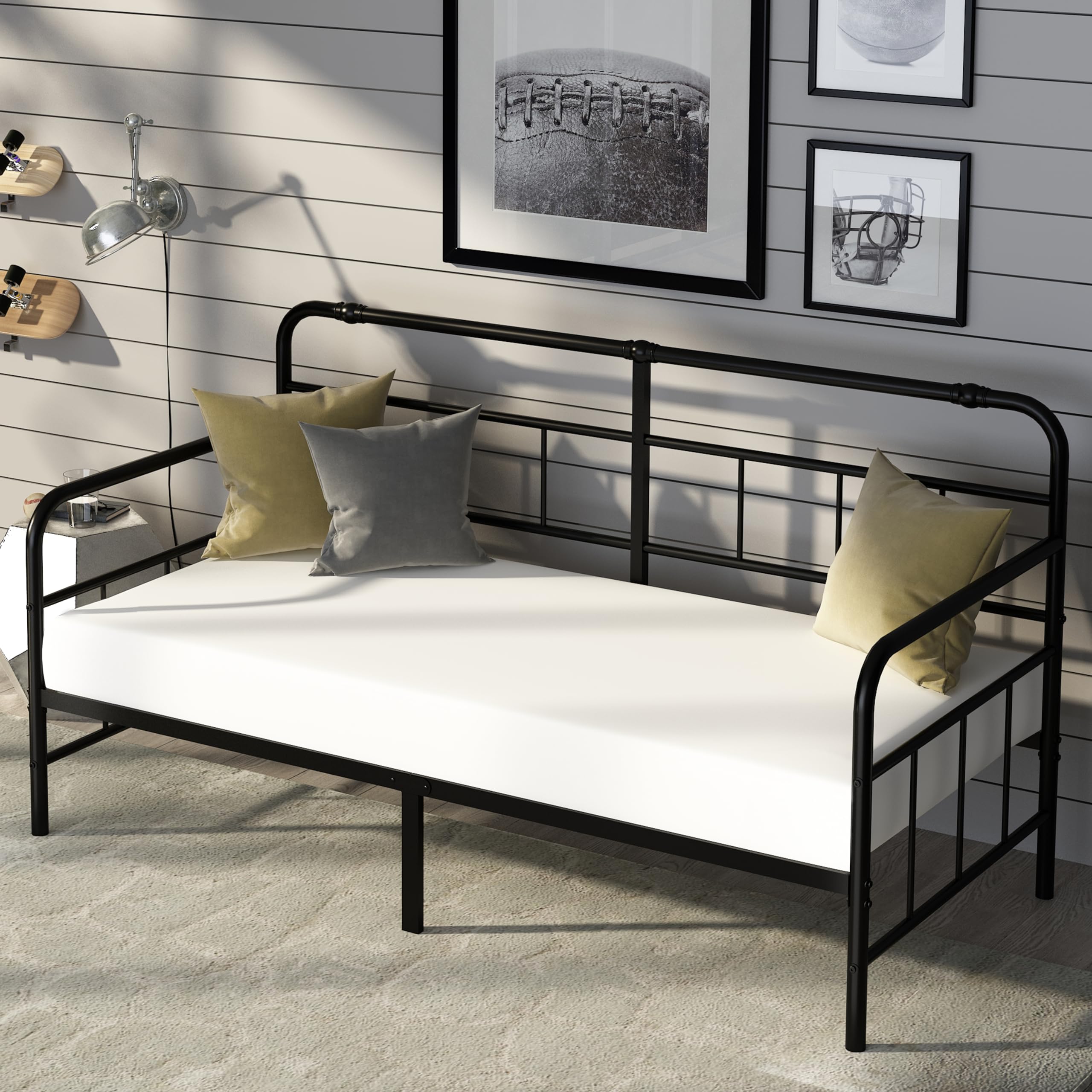 Daybed-Metal-Twin-Size-Bed-Frame - with Headboard, Heavy Duty Steel Slats