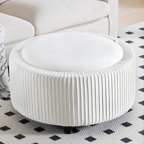 30 Inch Velvet Round Storage Ottoman, Modern Pleated Circle Storage Coffee Table