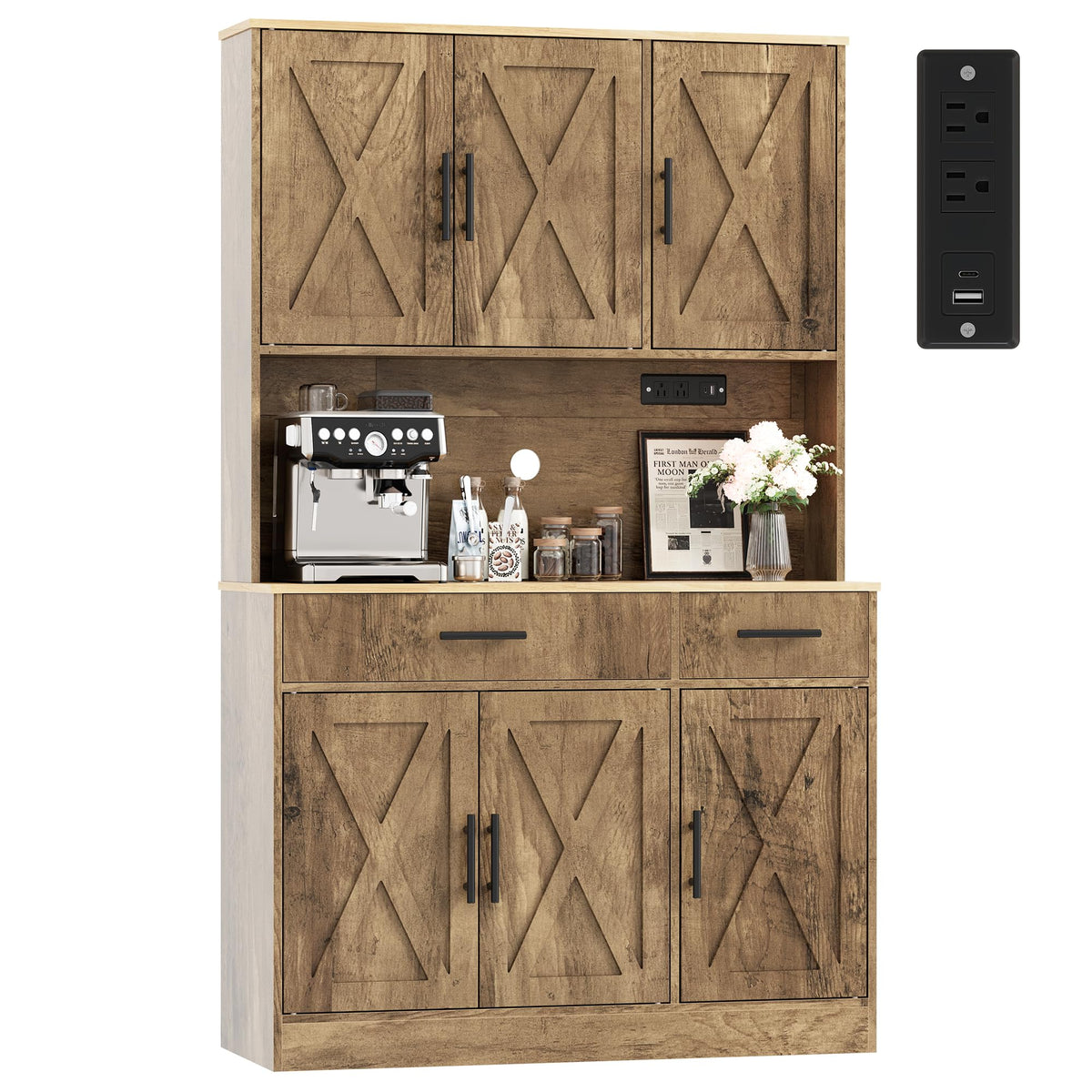 Farmhouse Kitchen Pantry Cabinet with Charging Station