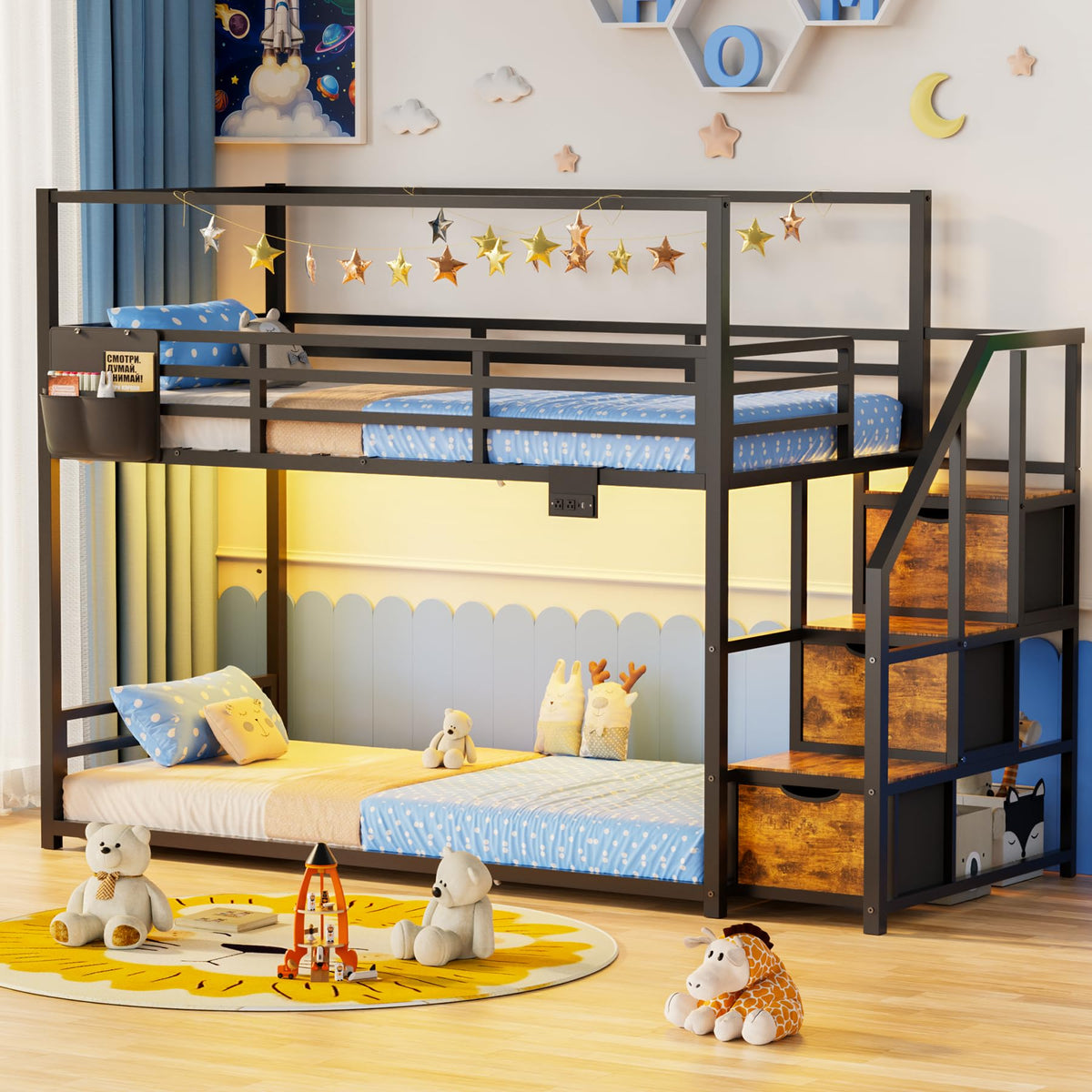 Twin Over Twin Bunk Bed with Storage, LED Lights & Guardrails