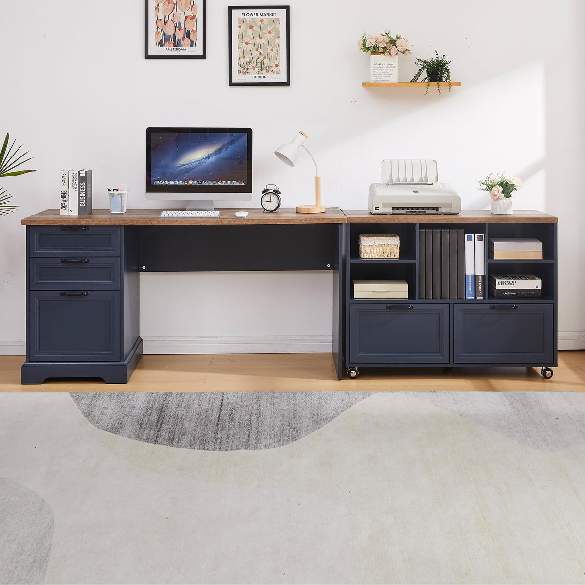 L-Shaped Executive Desk with File Cabinet & Charging Station