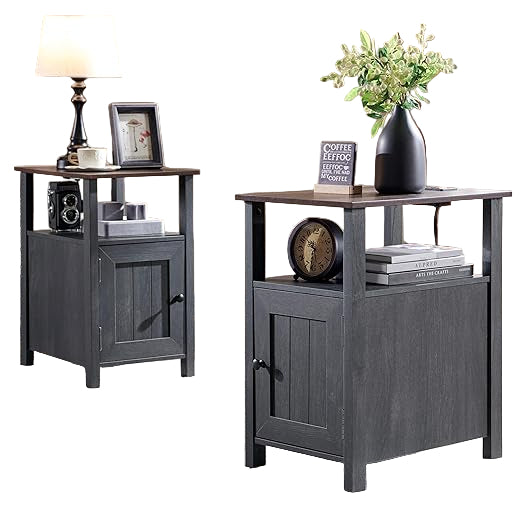 Farmhouse Nightstand Set of 2, End Table with Charging Station