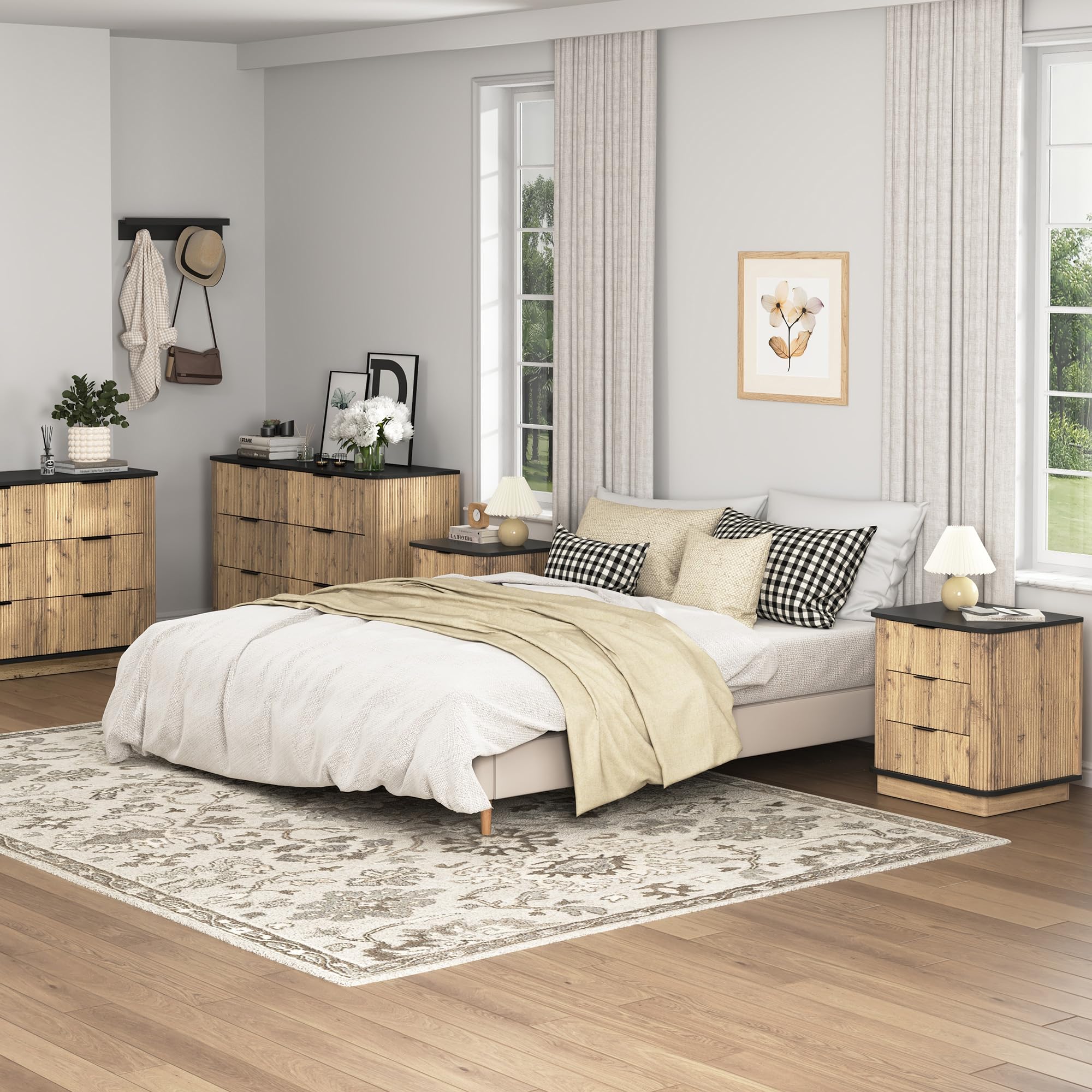 Nightstand,19" Wide Side Table with 3 Storage Drawers