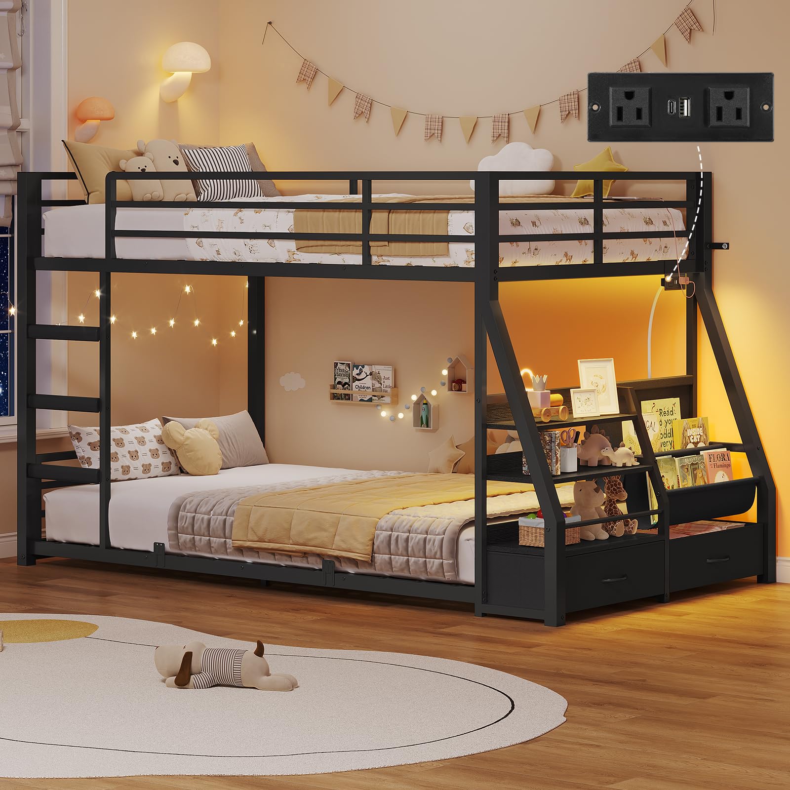 Low Bunk Bed with Sling Bookshelves, Storage Drawers & Power Outlet