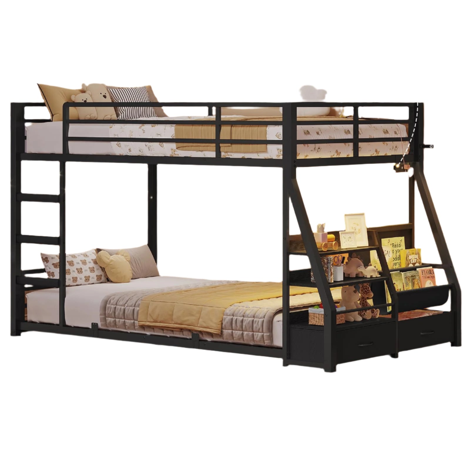 Low Bunk Bed with Sling Bookshelves, Storage Drawers & Power Outlet