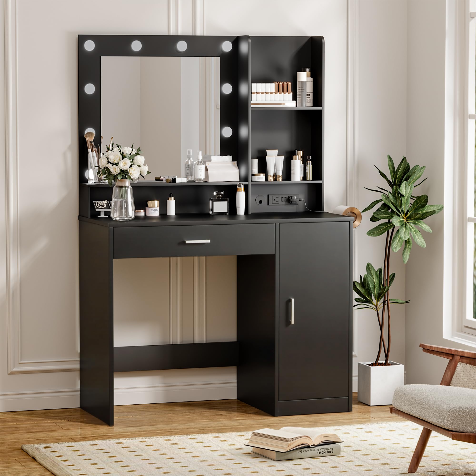 Vanity Desk with Lighted Mirror 3 Modes & Power Outlets, Makeup Vanity Table