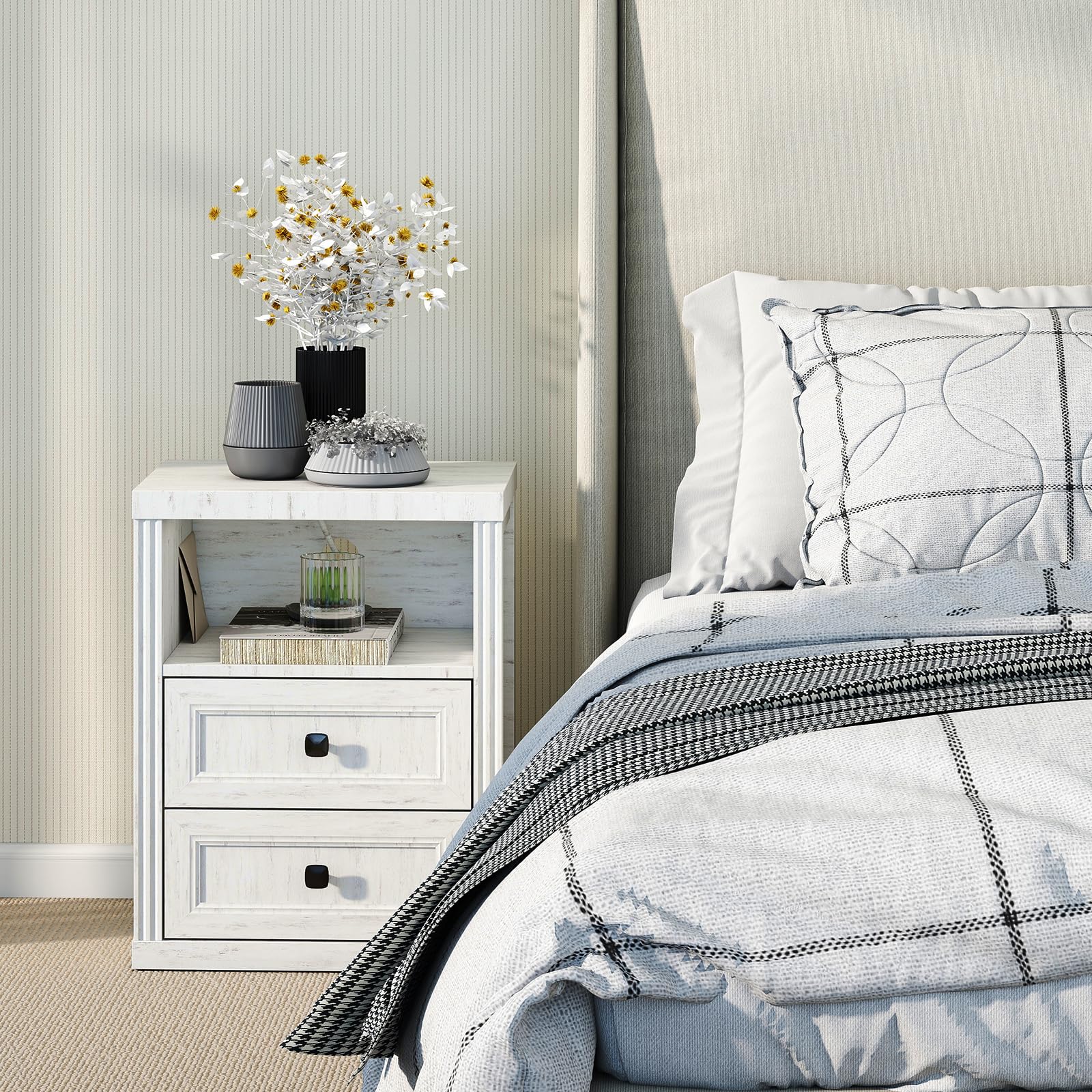 White Nightstand, End Table with Charging Station, Bedside Table with 2 Drawers