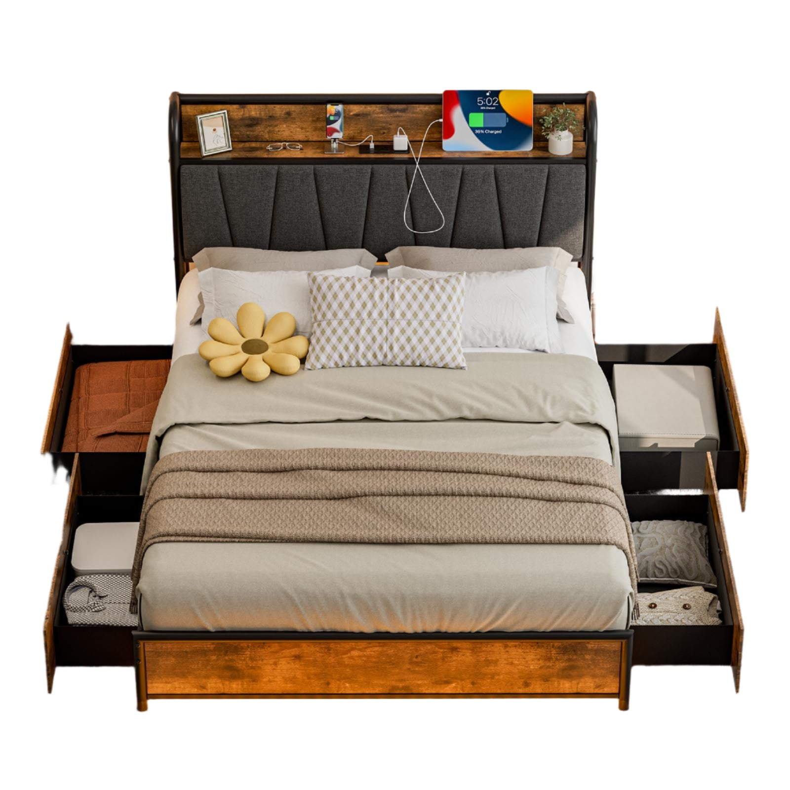 Full Size Bed Frame with Headboard and Storage 4 Drawers