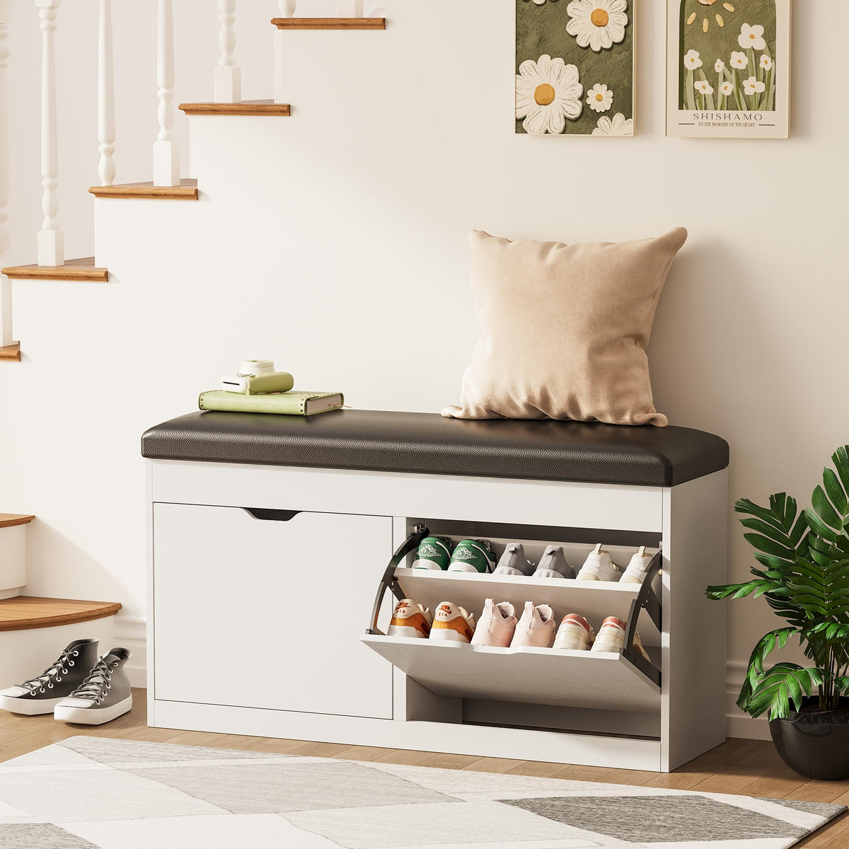 Shoe Storage Bench with Flip Drawers & Padded Seat