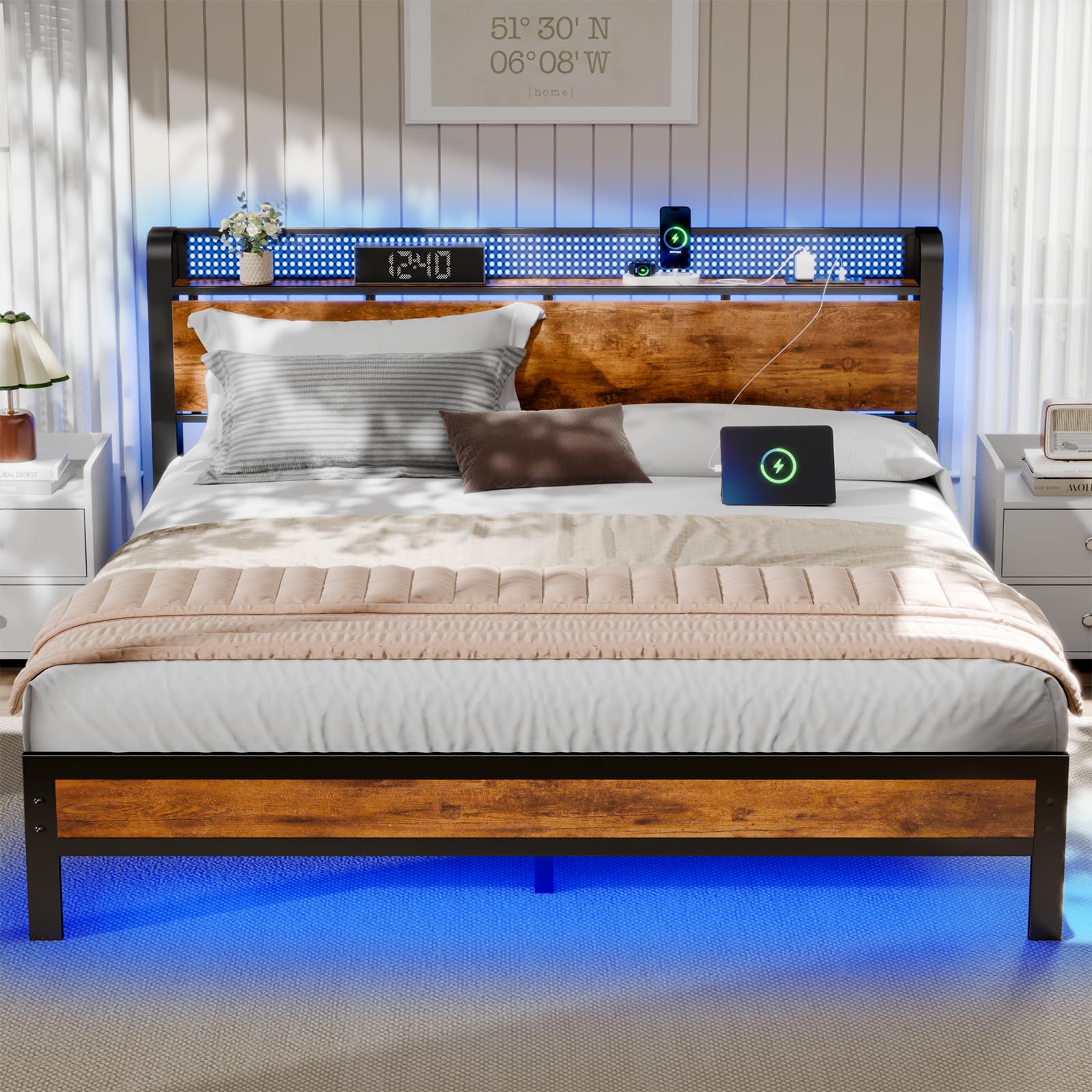 Queen Bed Frame with Charging Station and LED Lights,Industrial
