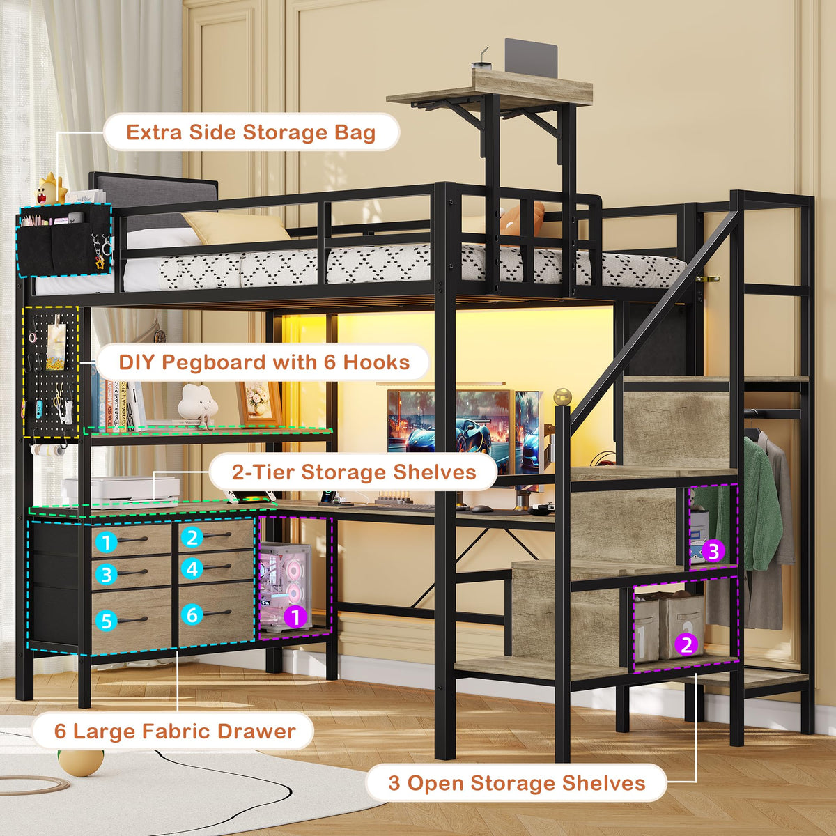 Twin Loft Bed with L-Shaped Desk & 6 Storage Drawers – Oak Gray