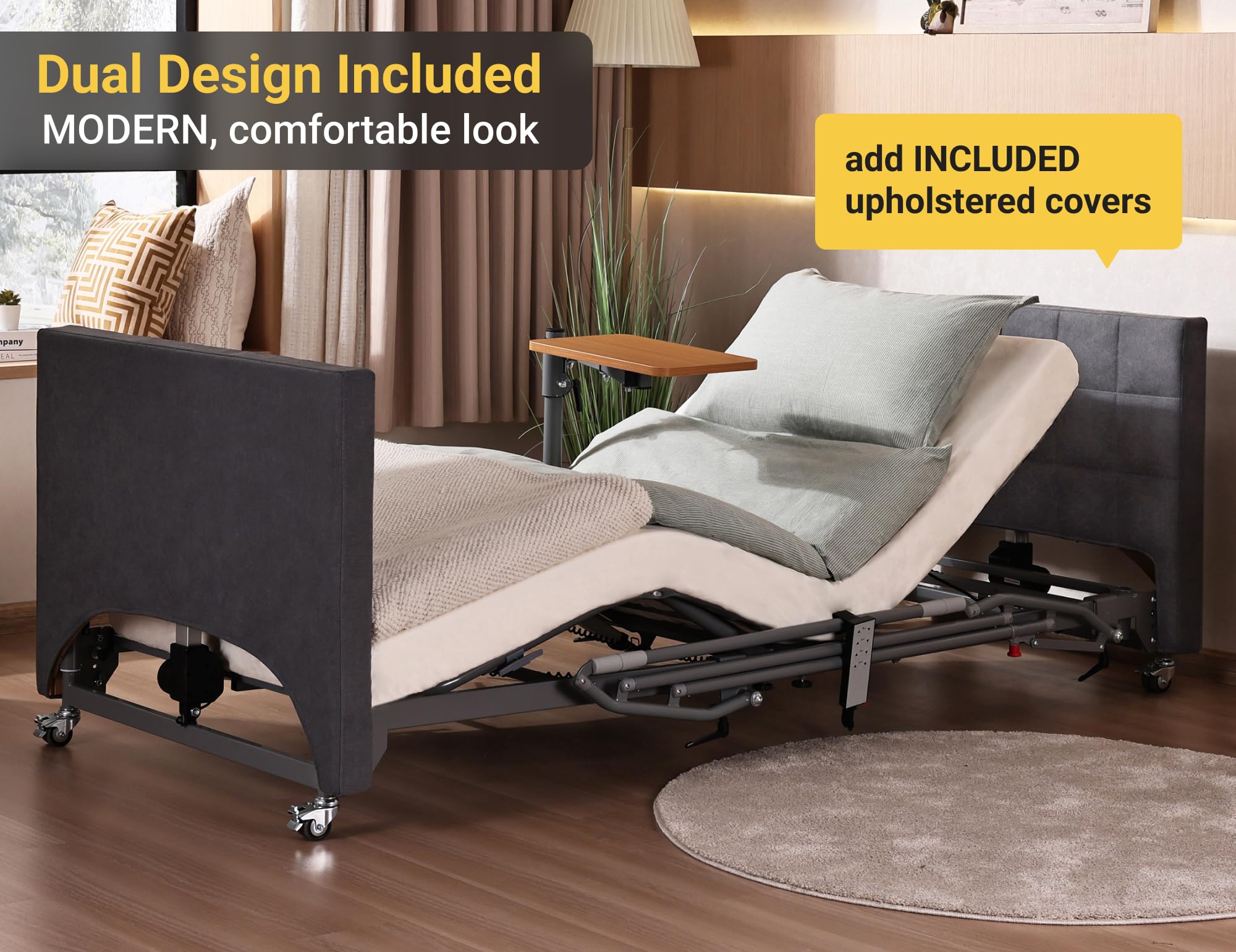 Electric Hospital Bed with Medical Mattress, Overbed Table & Rails