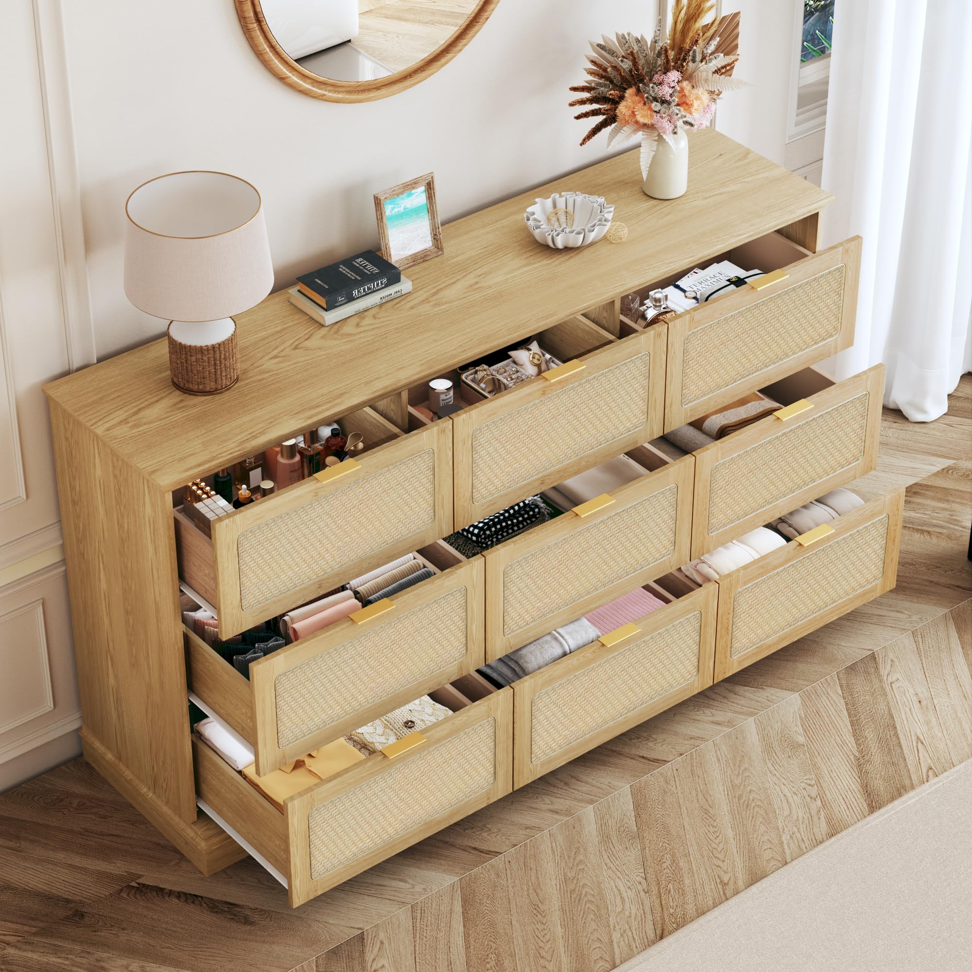 9 Drawer Dresser for Bedroom, 60 Inch Long Dressers & Rattan Chest of Drawers