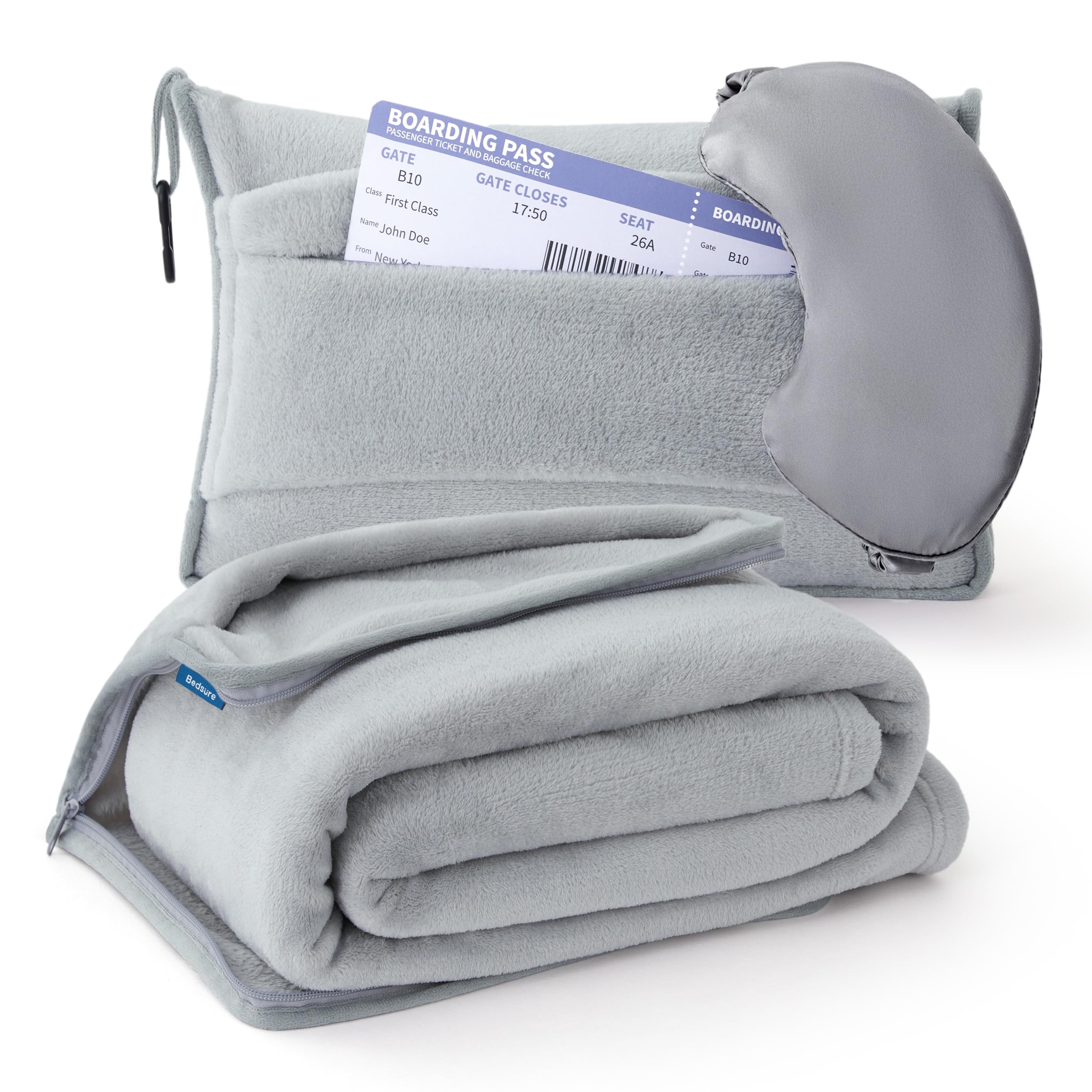 Travel Blanket Airplane Compact with Storage Bag, Packable Blanket with Eye Mask