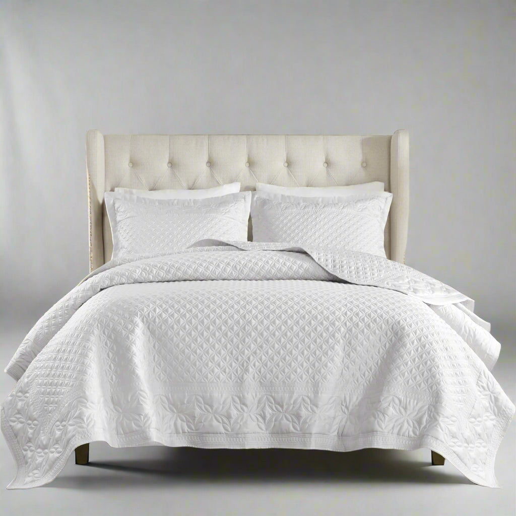 Quilt Set Luxe Ornamental Motif Embroidery Quilting, Oversized Coverlet for King Size Bed