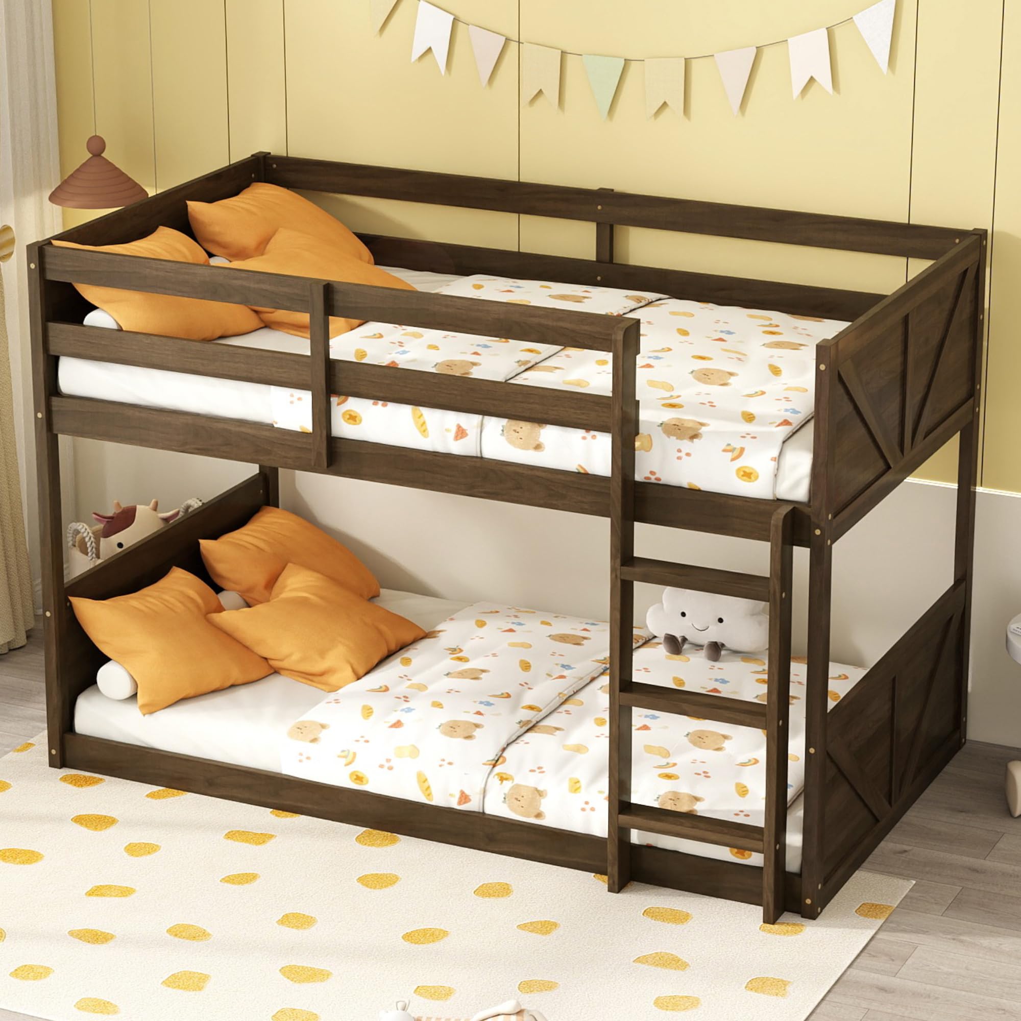 Wood Bunk Bed Twin Over Twin, Heavy Duty Floor Bunk Beds with Panelled