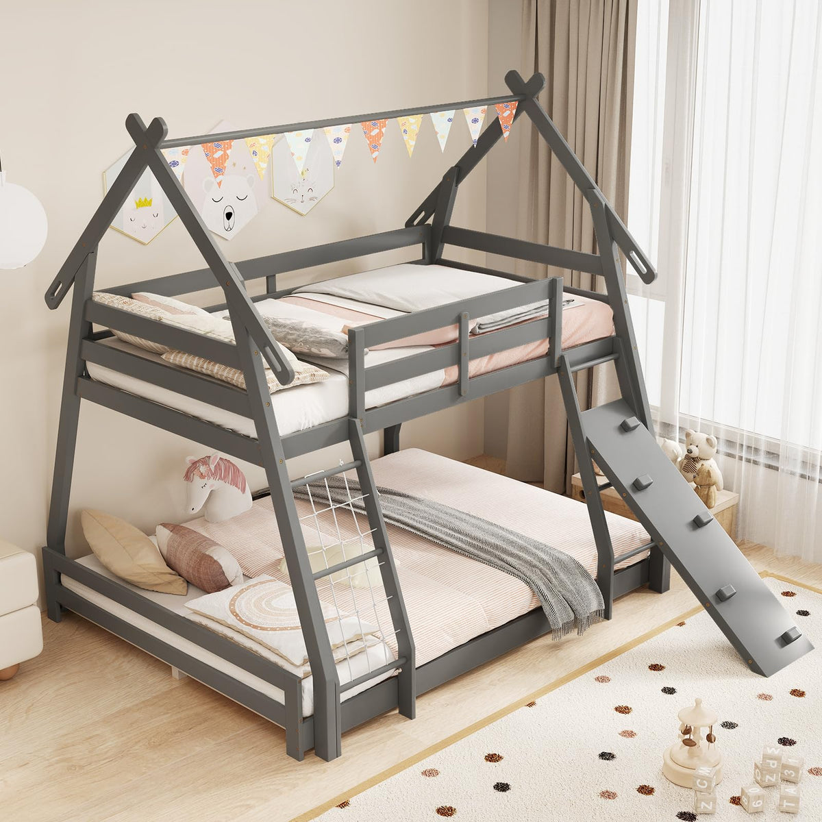 Twin Over Queen House Bunk Bed with Climbing Nets and Ramp