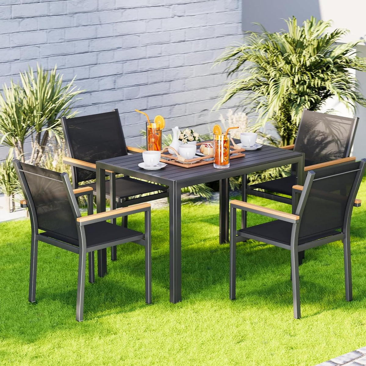LIFERUN Outdoor Patio Dining Table, Wood-Like Top Aluminum Frame Table