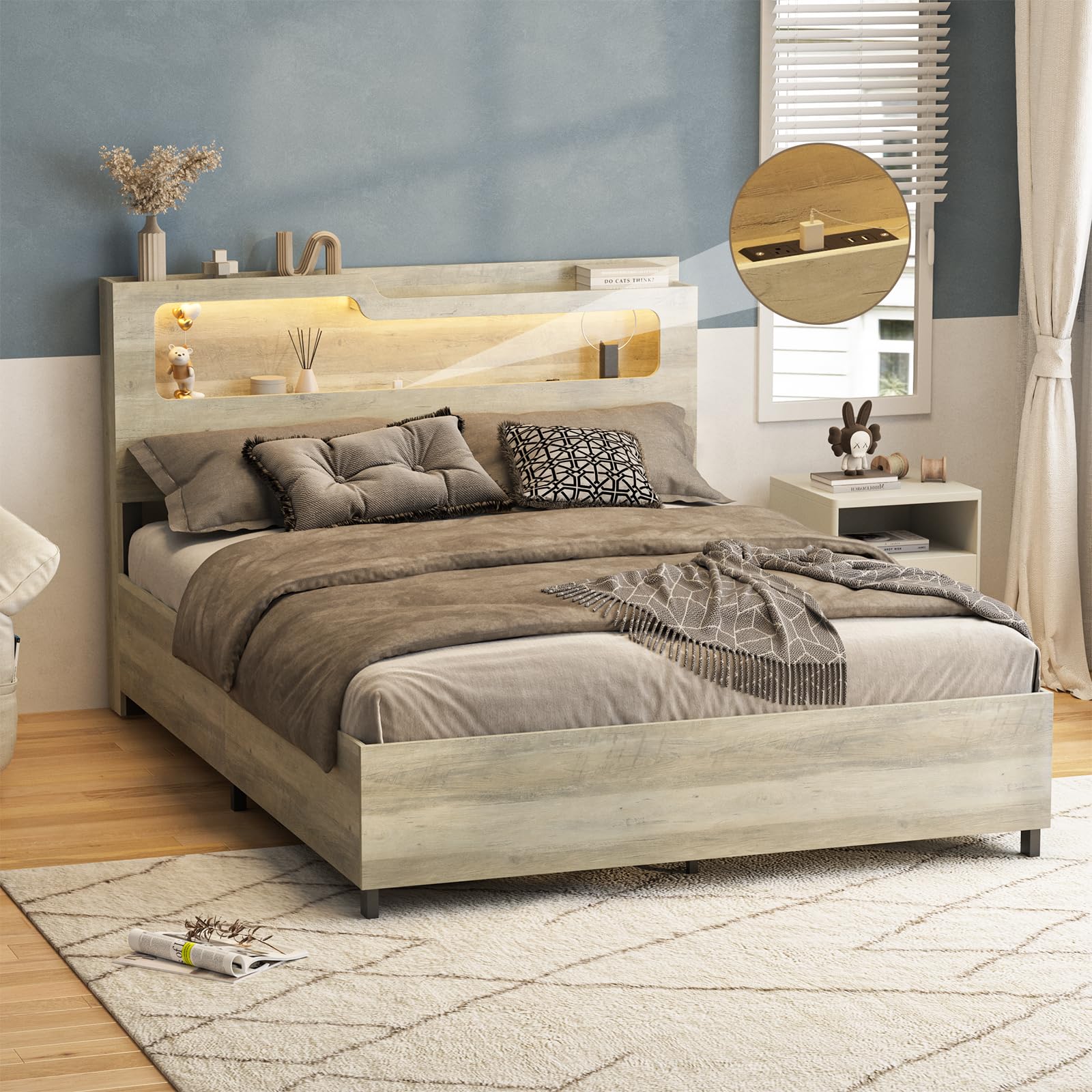 Queen Size Lift Up Storage Bed Frame, 2-Tier Headboard Wooden Platform