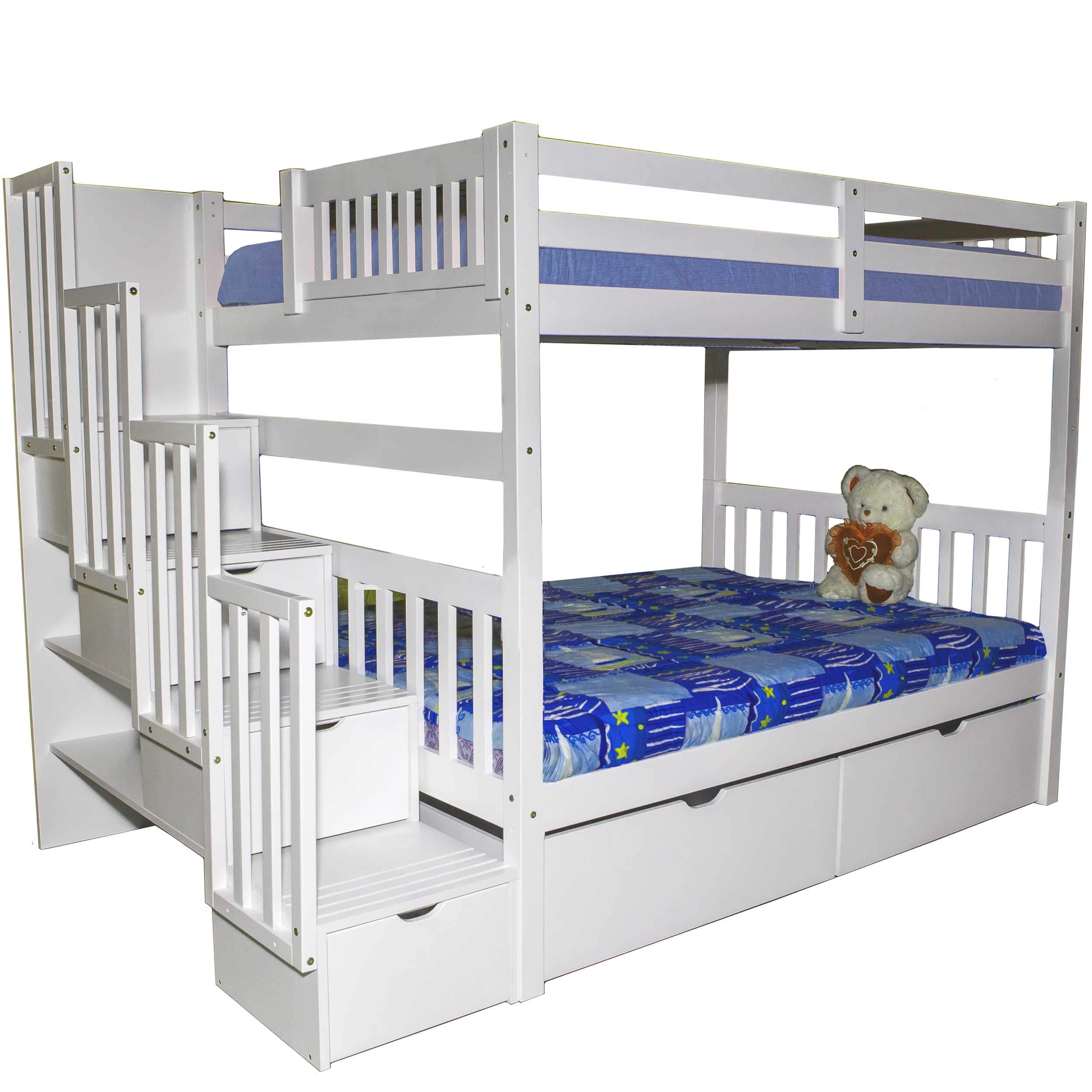 Staircase Full Over Full Bunk Bed with Drawers White Solid Wood Natural Wood Durable