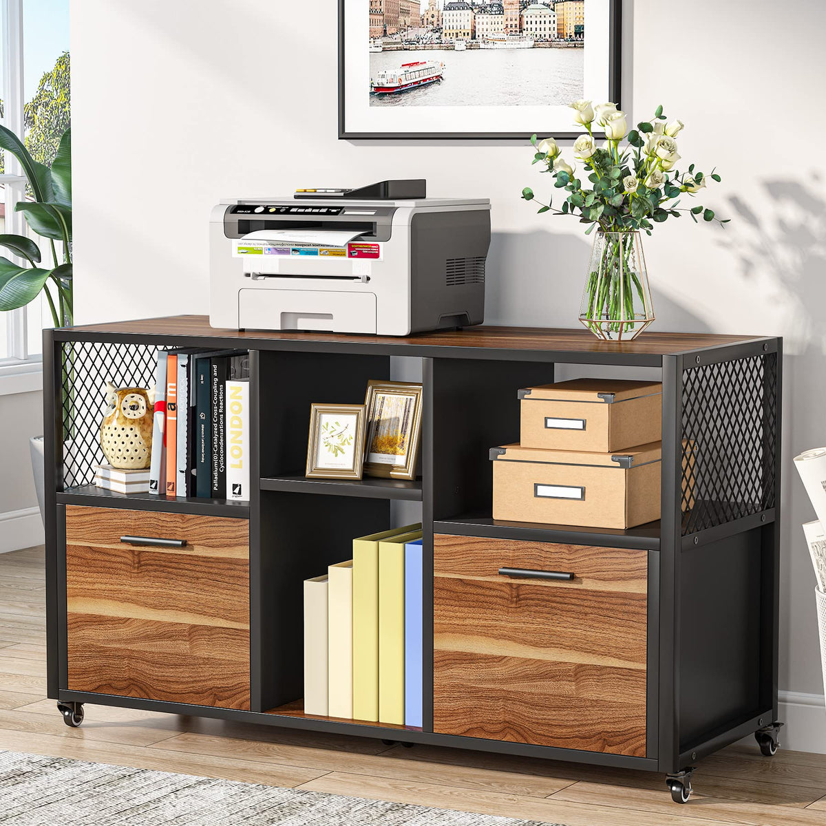 Mobile Lateral Filing Cabinet with Drawers & Open Shelves