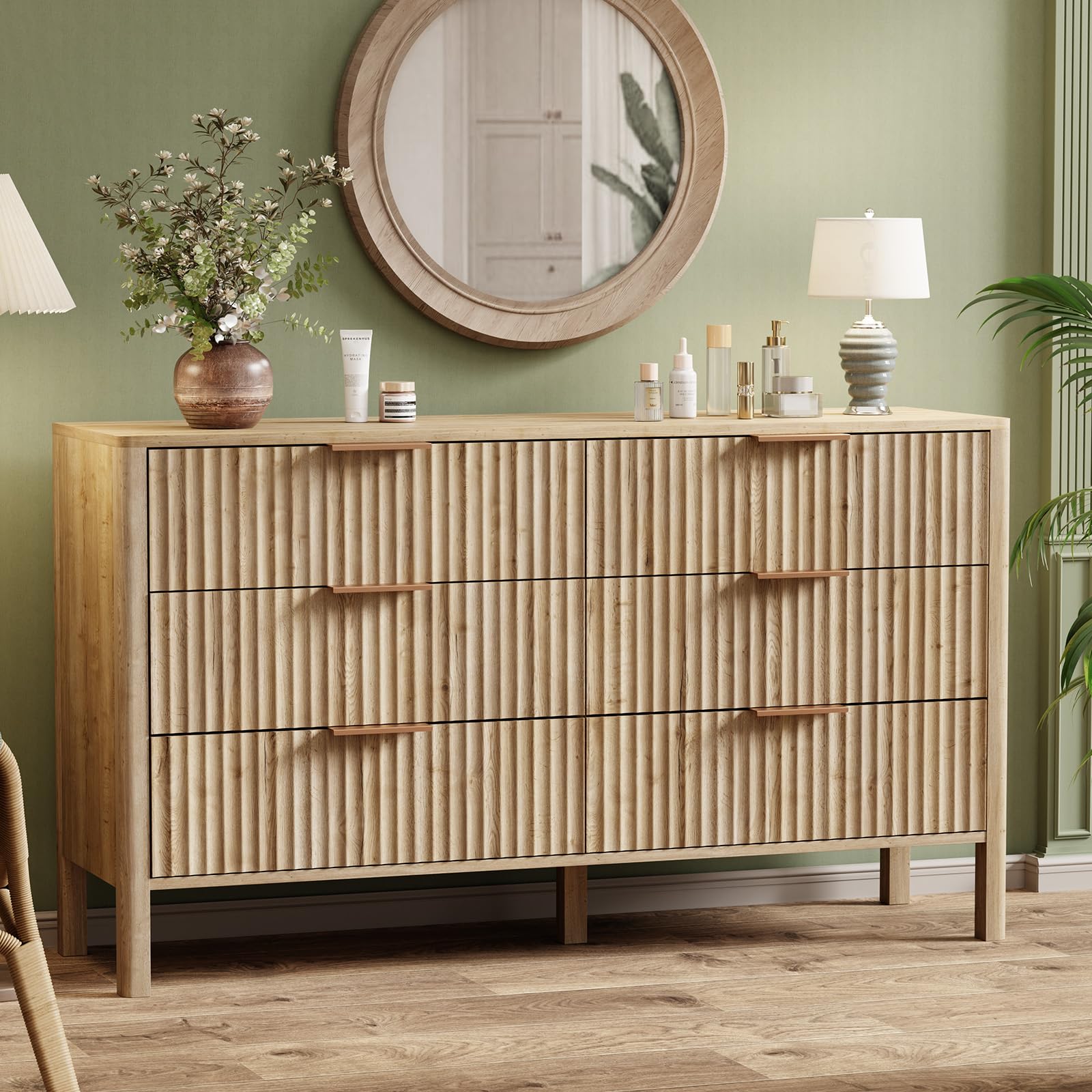 55" Wide Fluted 6 Drawer Dresser for Bedroom, Wooden Dresser Modern Chest