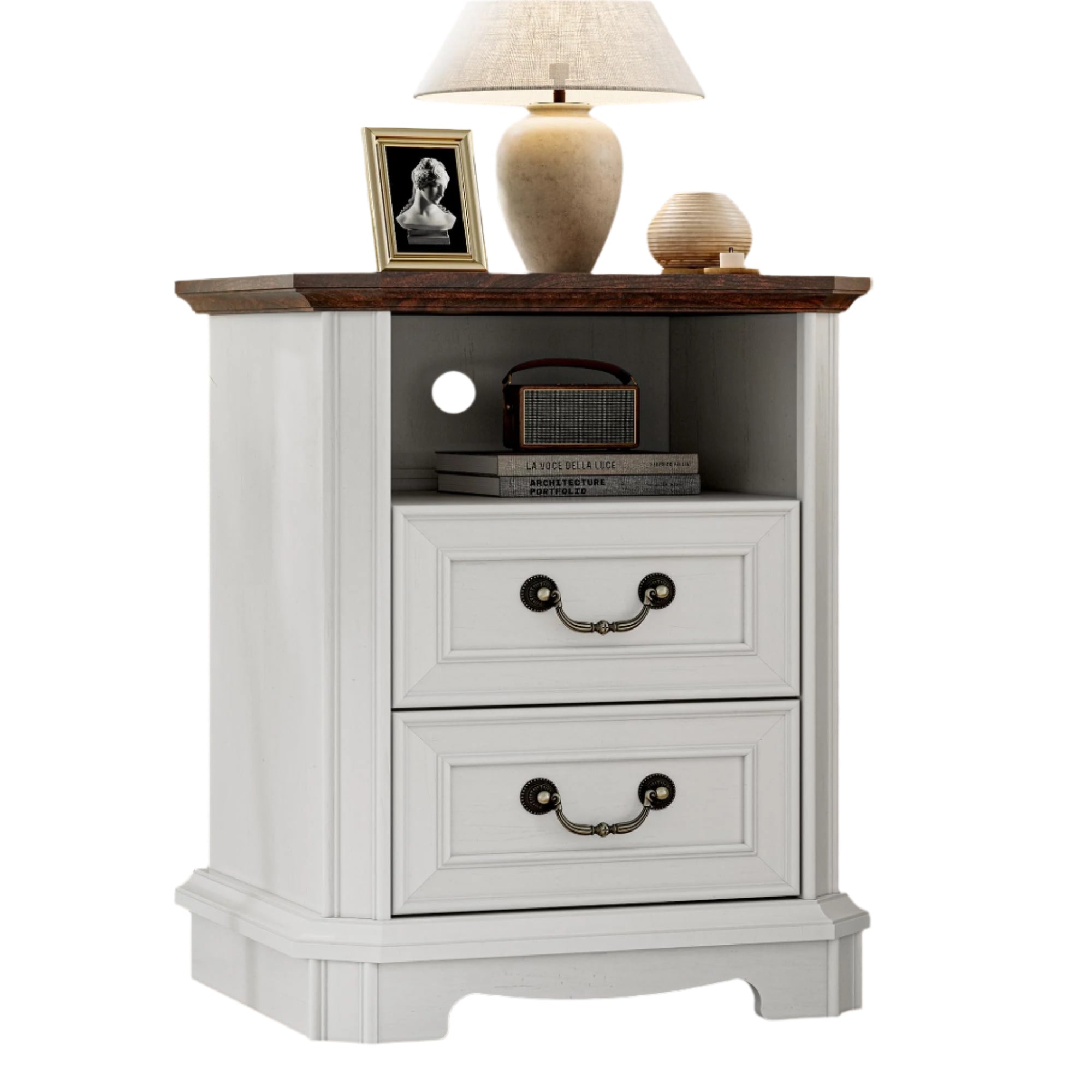 Farmhouse Nightstand with Charging Station, 18" Side Table with 2 Storage Drawers
