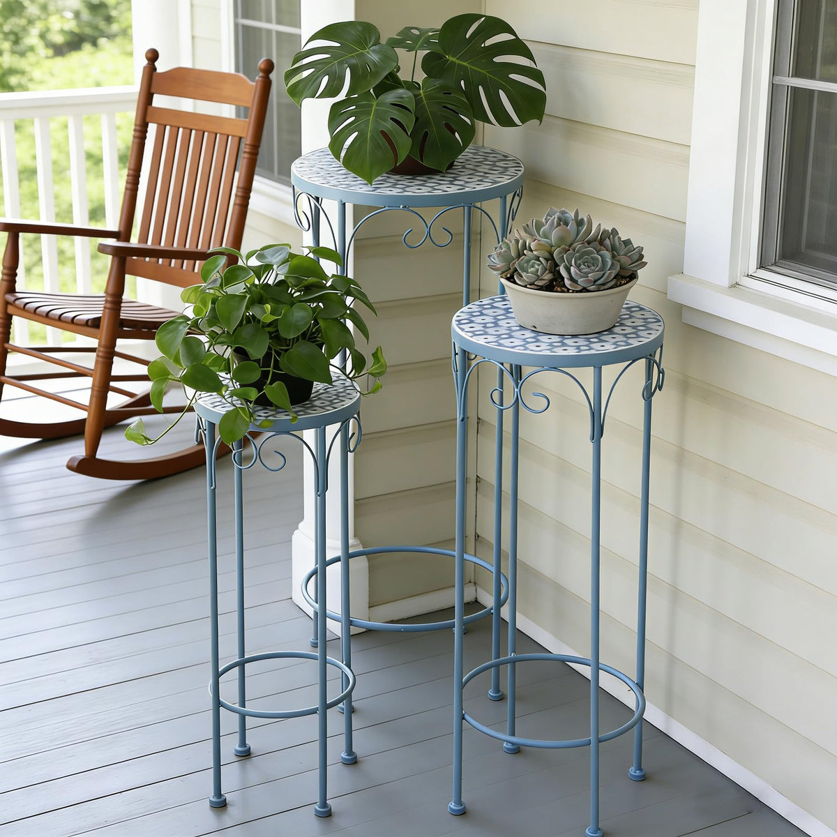 Ceramic Tile Plant Stand Set of 3 – Mosaic Metal Flower Stands, Indoor & Outdoor